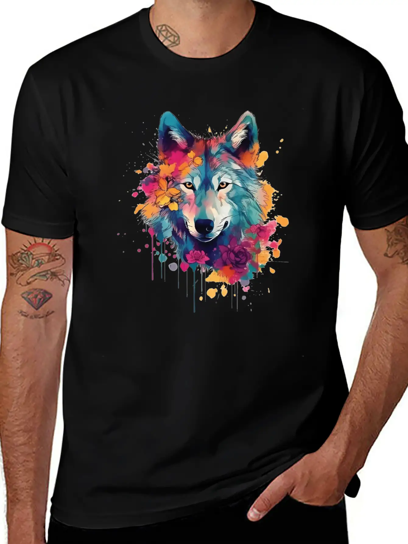 Colorful Wolf With Flowers Casual Graphic T-Shirt – Simple And Comfortable Daily Wear
