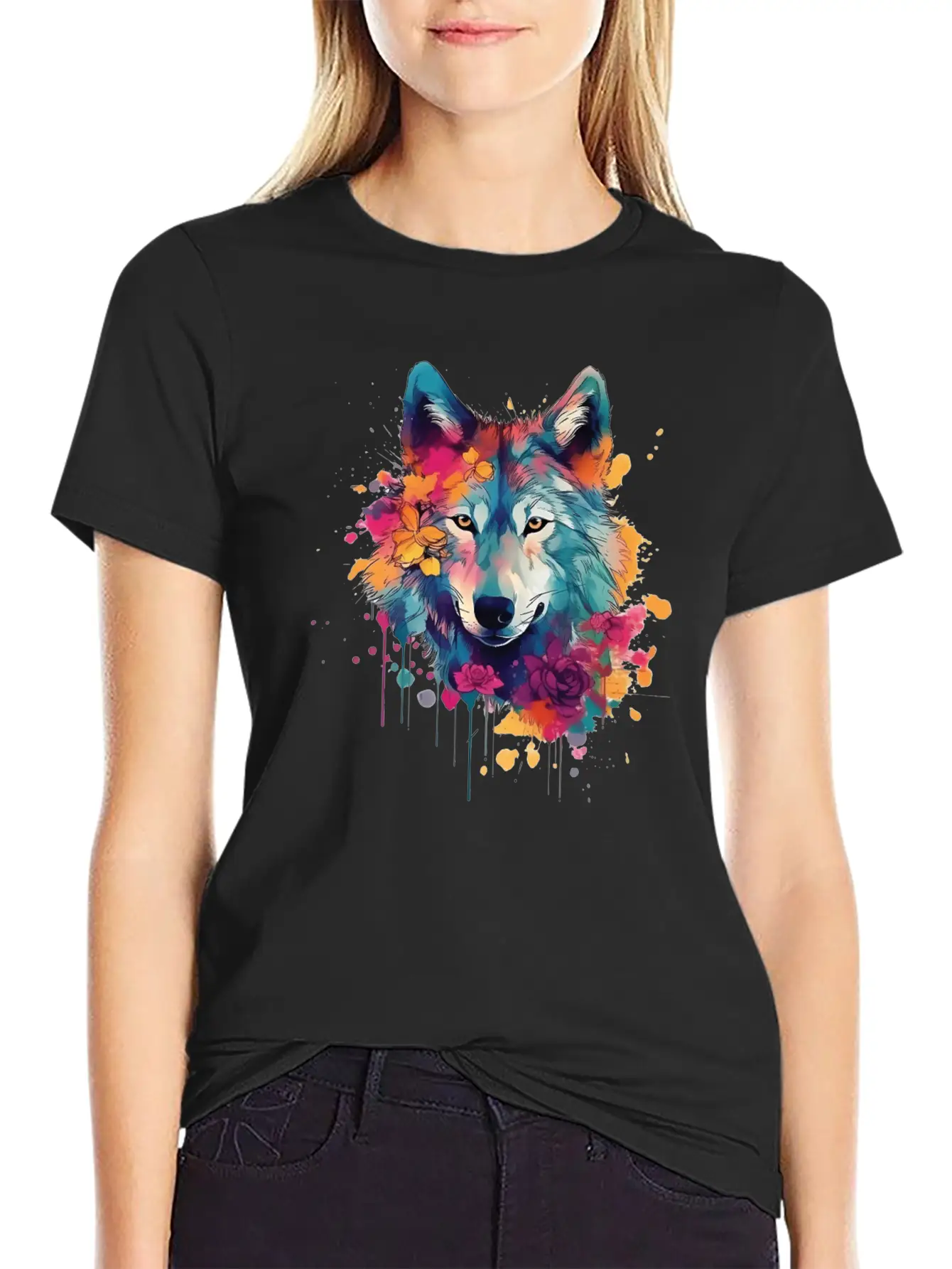 Colorful Wolf With Flowers Casual Graphic T-Shirt – Simple And Comfortable Daily Wear