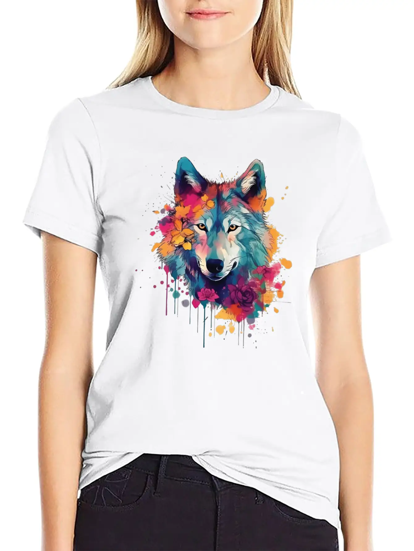 Colorful Wolf With Flowers Casual Graphic T-Shirt – Simple And Comfortable Daily Wear