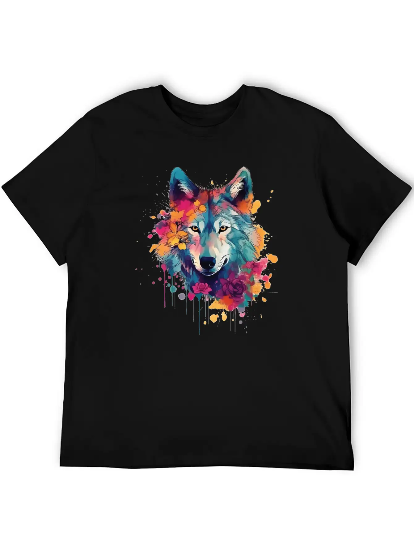 Colorful Wolf With Flowers Casual Graphic T-Shirt – Simple And Comfortable Daily Wear