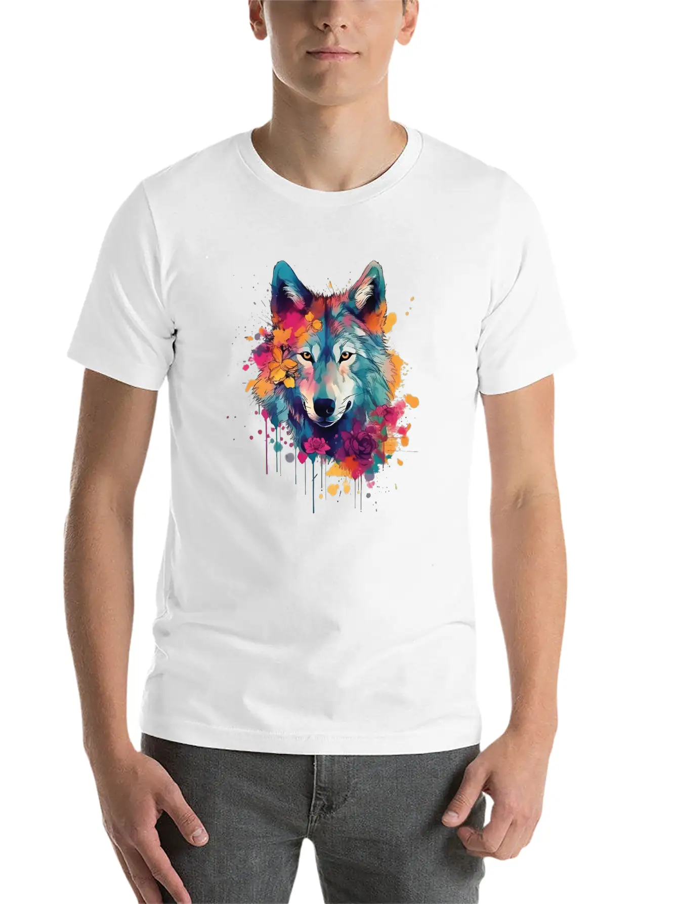 Colorful Wolf With Flowers Casual Graphic T-Shirt – Simple And Comfortable Daily Wear