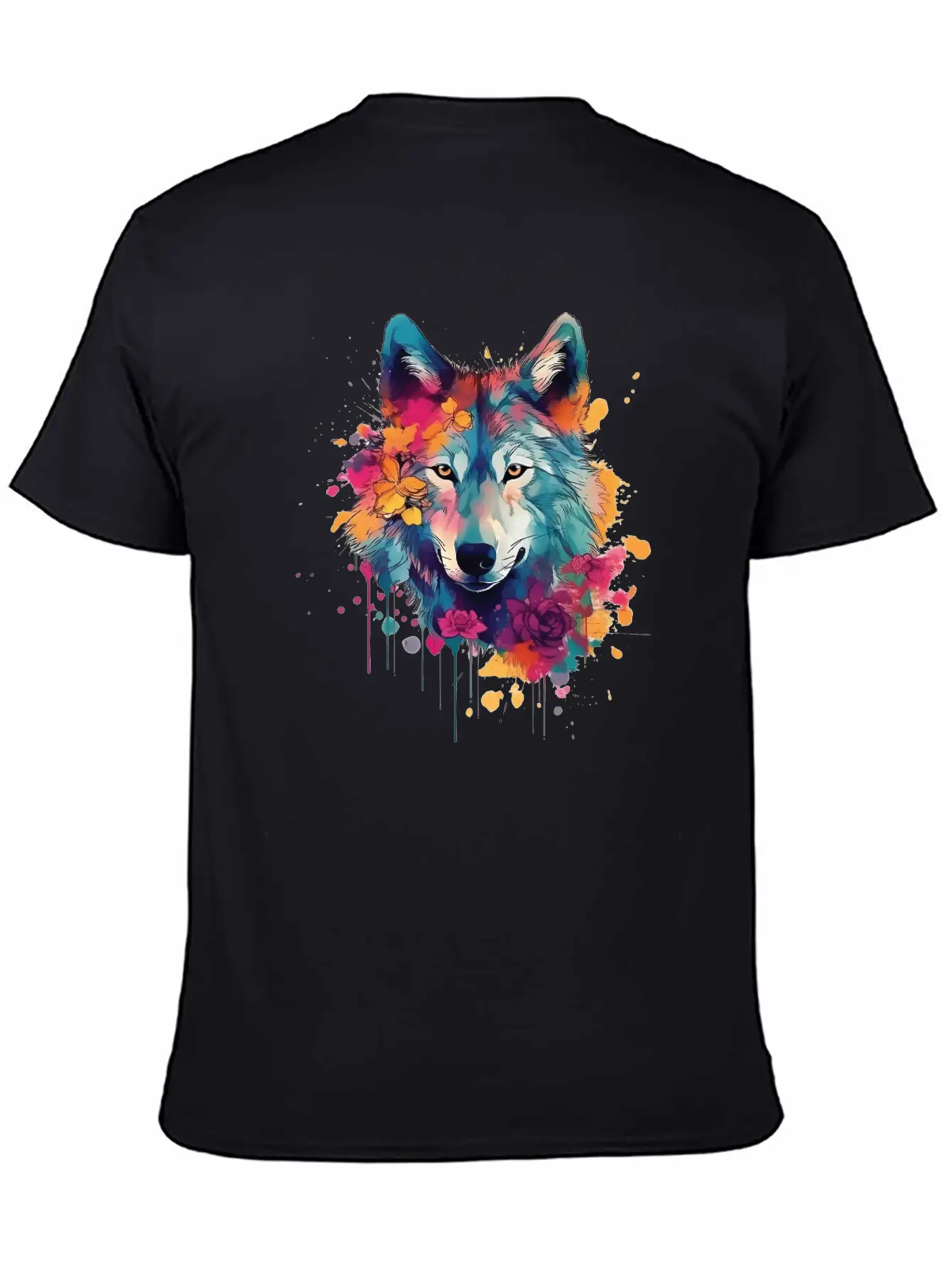Colorful Wolf With Flowers Casual Graphic T-Shirt – Simple And Comfortable Daily Wear