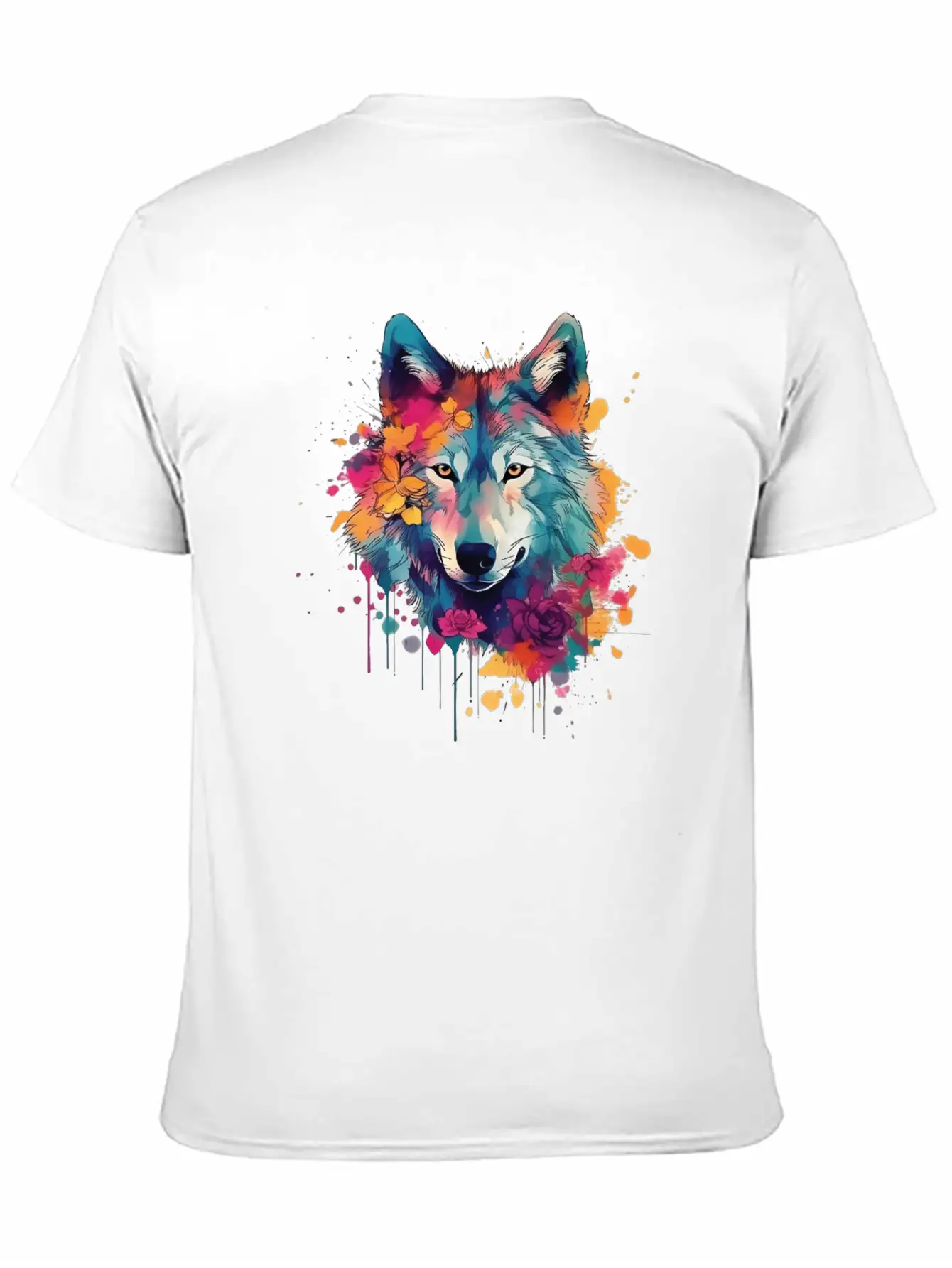 Colorful Wolf With Flowers Casual Graphic T-Shirt – Simple And Comfortable Daily Wear