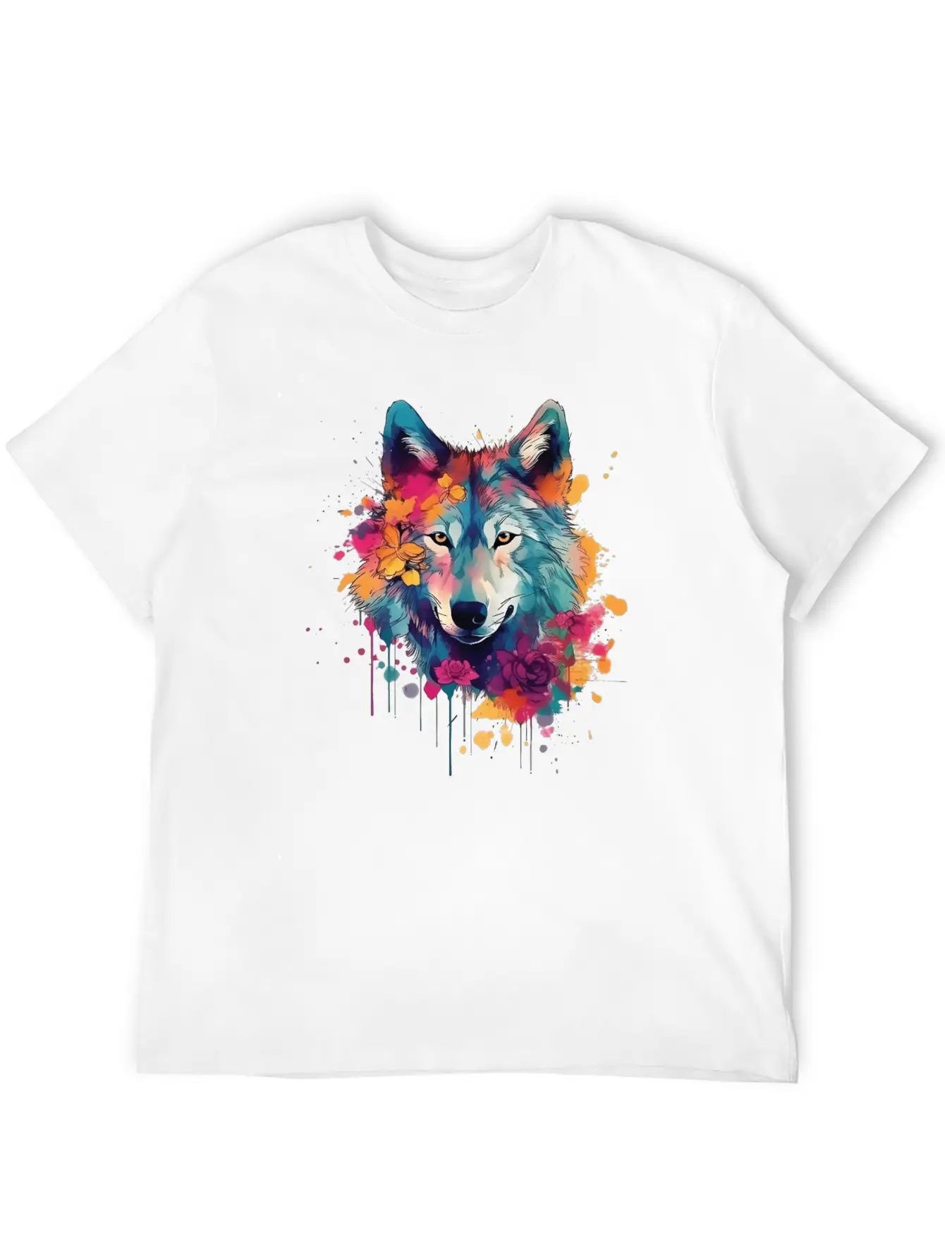 Colorful Wolf With Flowers Casual Graphic T-Shirt – Simple And Comfortable Daily Wear