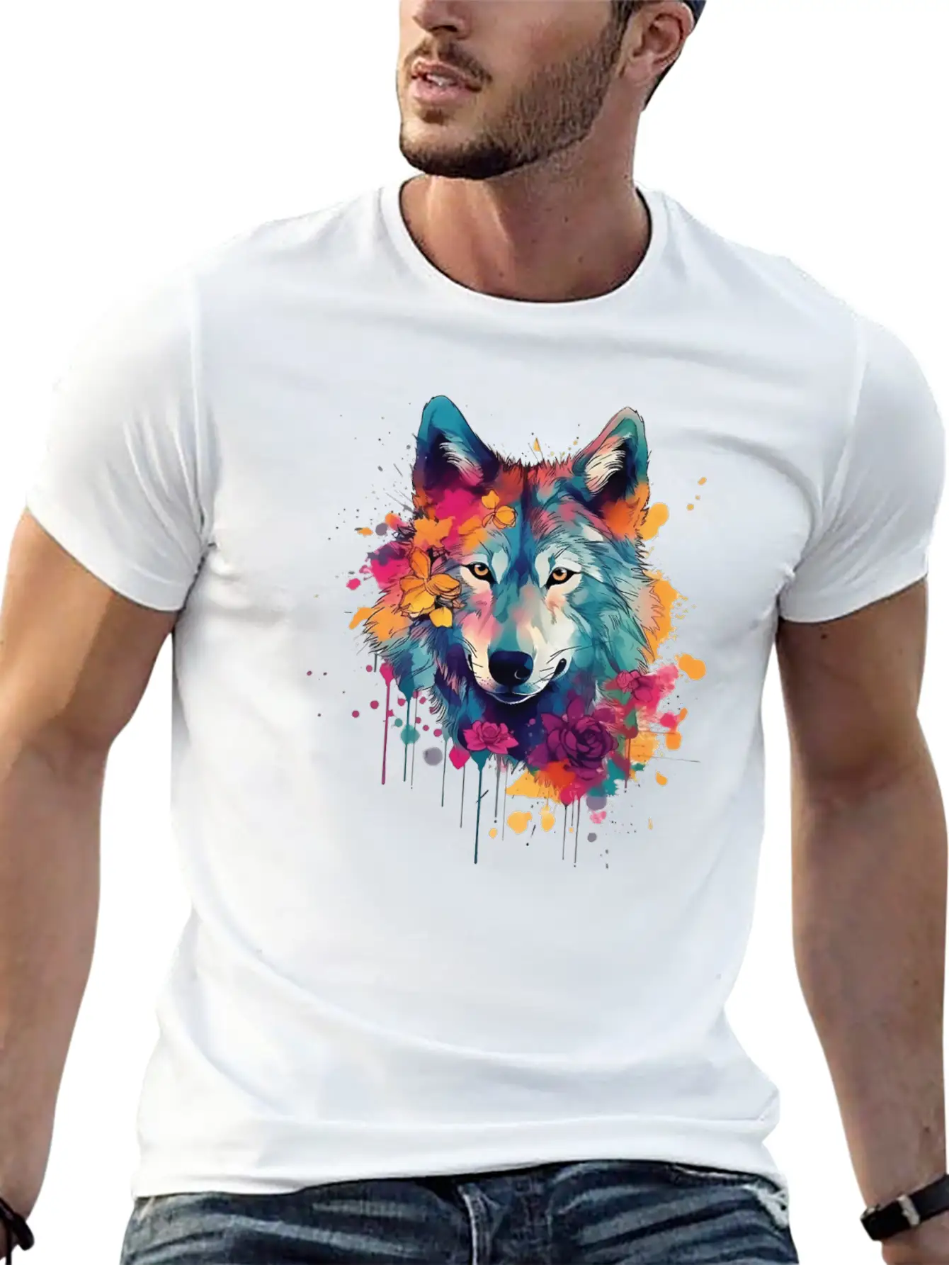 Colorful Wolf With Flowers Casual Graphic T-Shirt – Simple And Comfortable Daily Wear