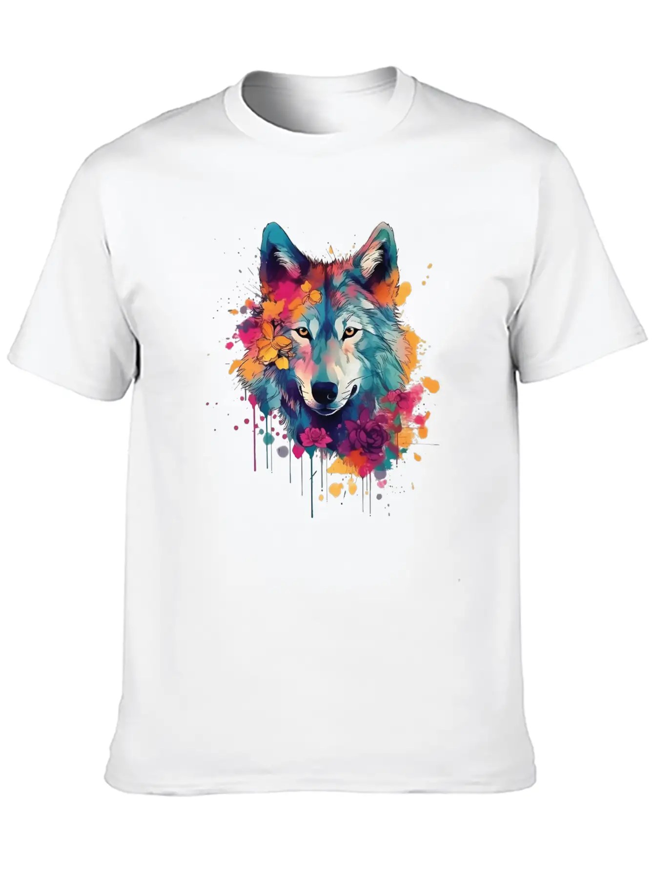 Colorful Wolf With Flowers Casual Graphic T-Shirt – Simple And Comfortable Daily Wear