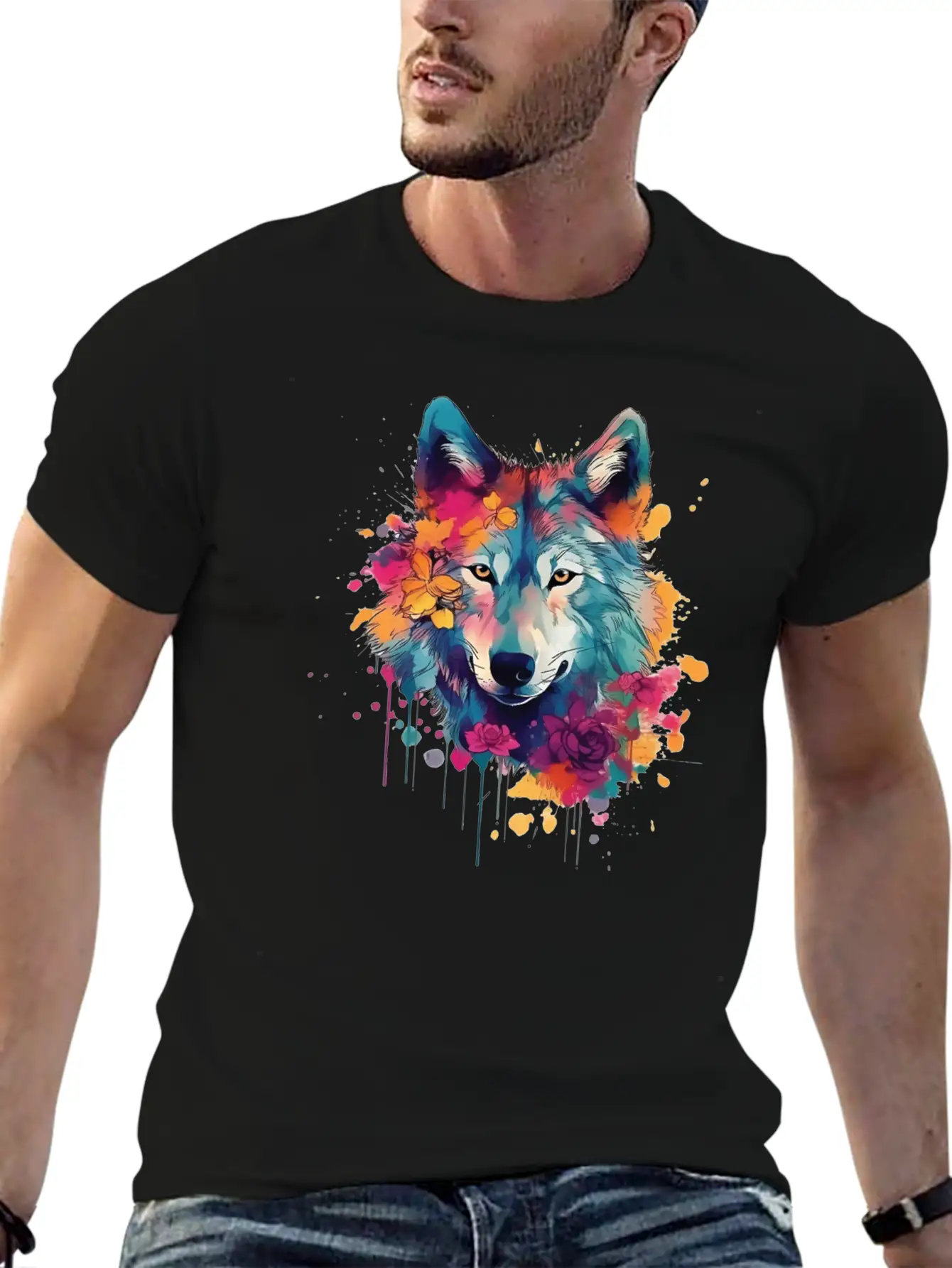 Colorful Wolf With Flowers Casual Graphic T-Shirt – Simple And Comfortable Daily Wear