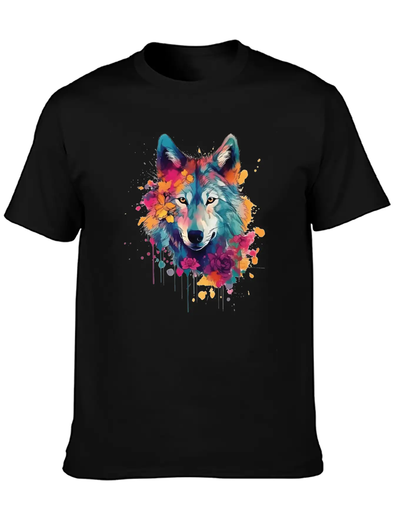 Colorful Wolf With Flowers Casual Graphic T-Shirt – Simple And Comfortable Daily Wear