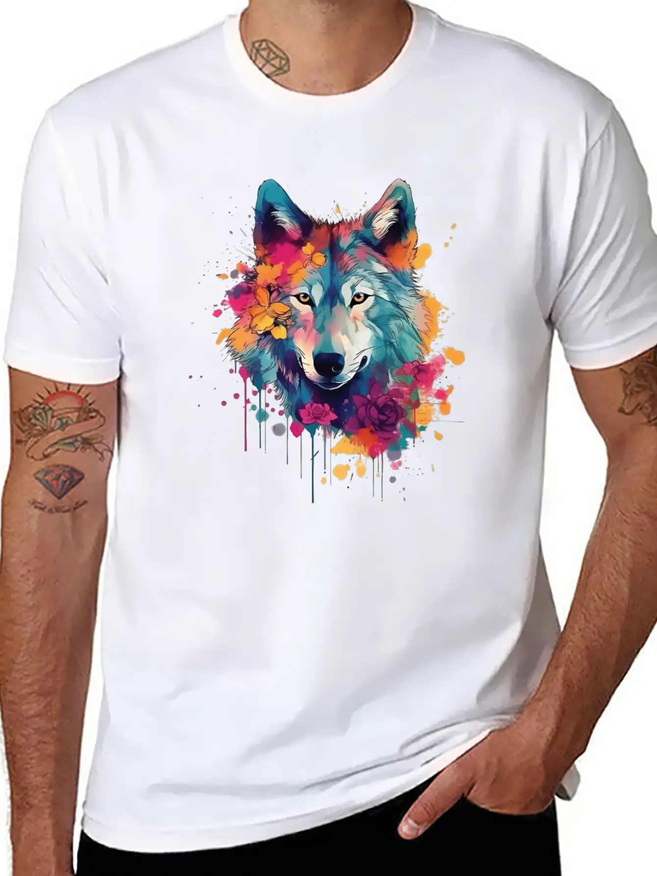 Colorful Wolf With Flowers Casual Graphic T-Shirt – Simple And Comfortable Daily Wear