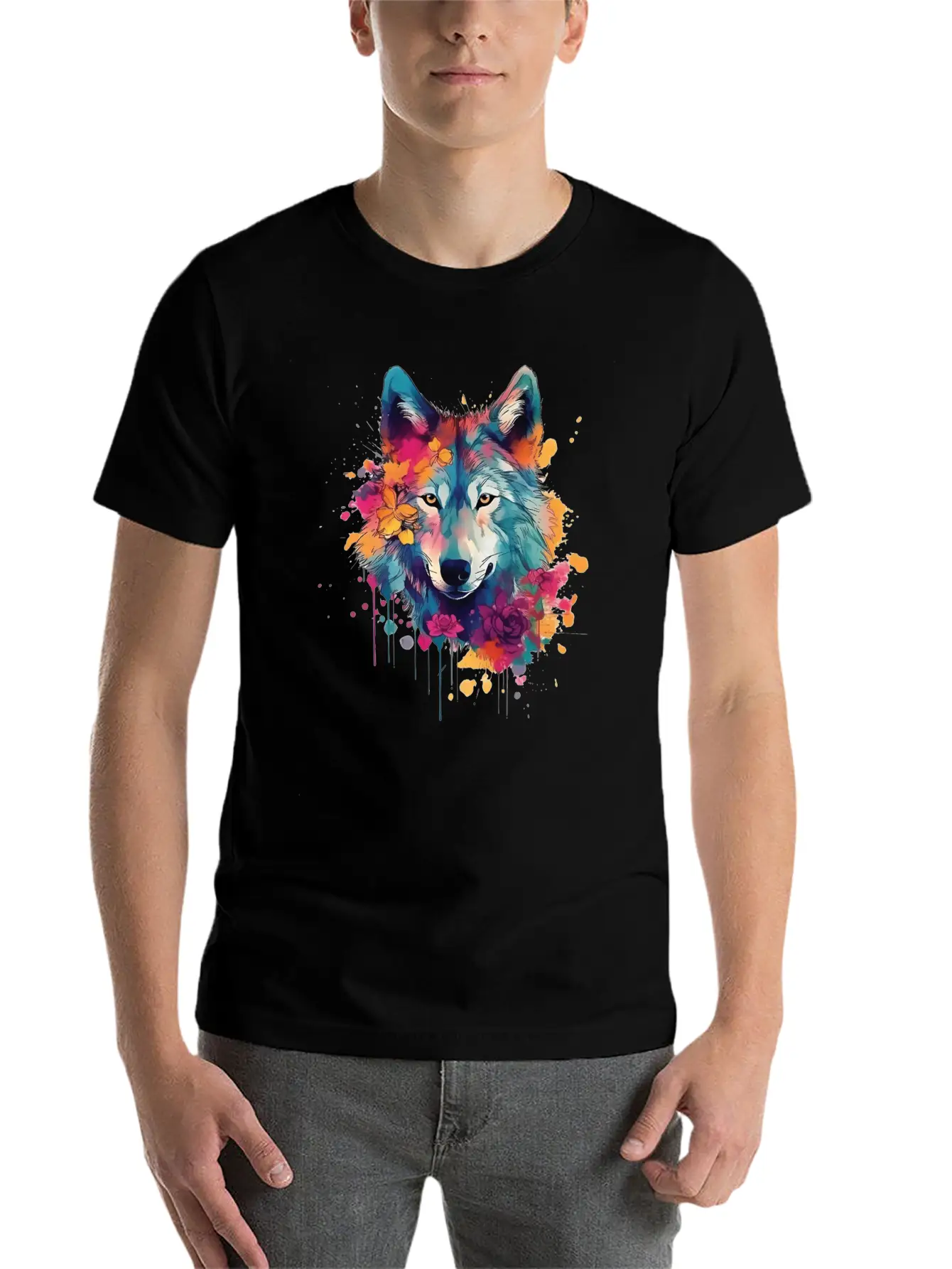 Colorful Wolf With Flowers Casual Graphic T-Shirt – Simple And Comfortable Daily Wear