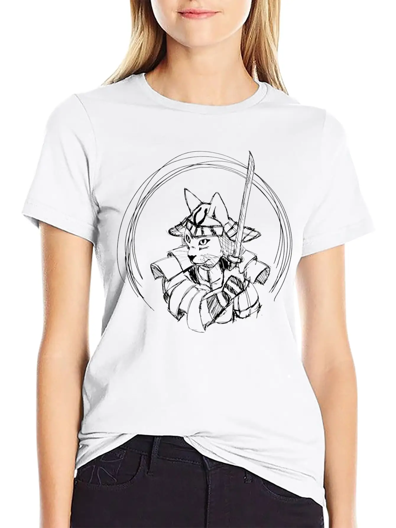 Cute Hand Drawn Samurai Cat With Sword, Japan Art Classic Cotton Tee – Unisex Comfort For Any Season