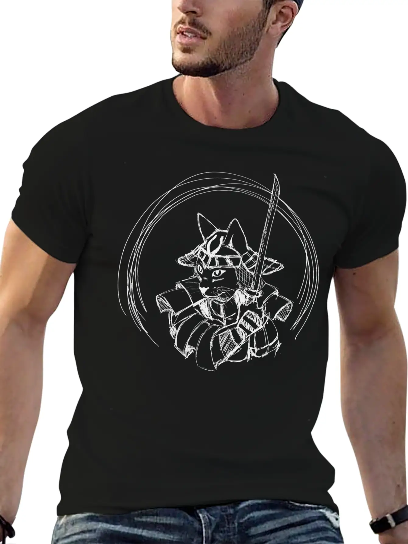 Cute Hand Drawn Samurai Cat With Sword, Japan Art Classic Cotton Tee – Unisex Comfort For Any Season