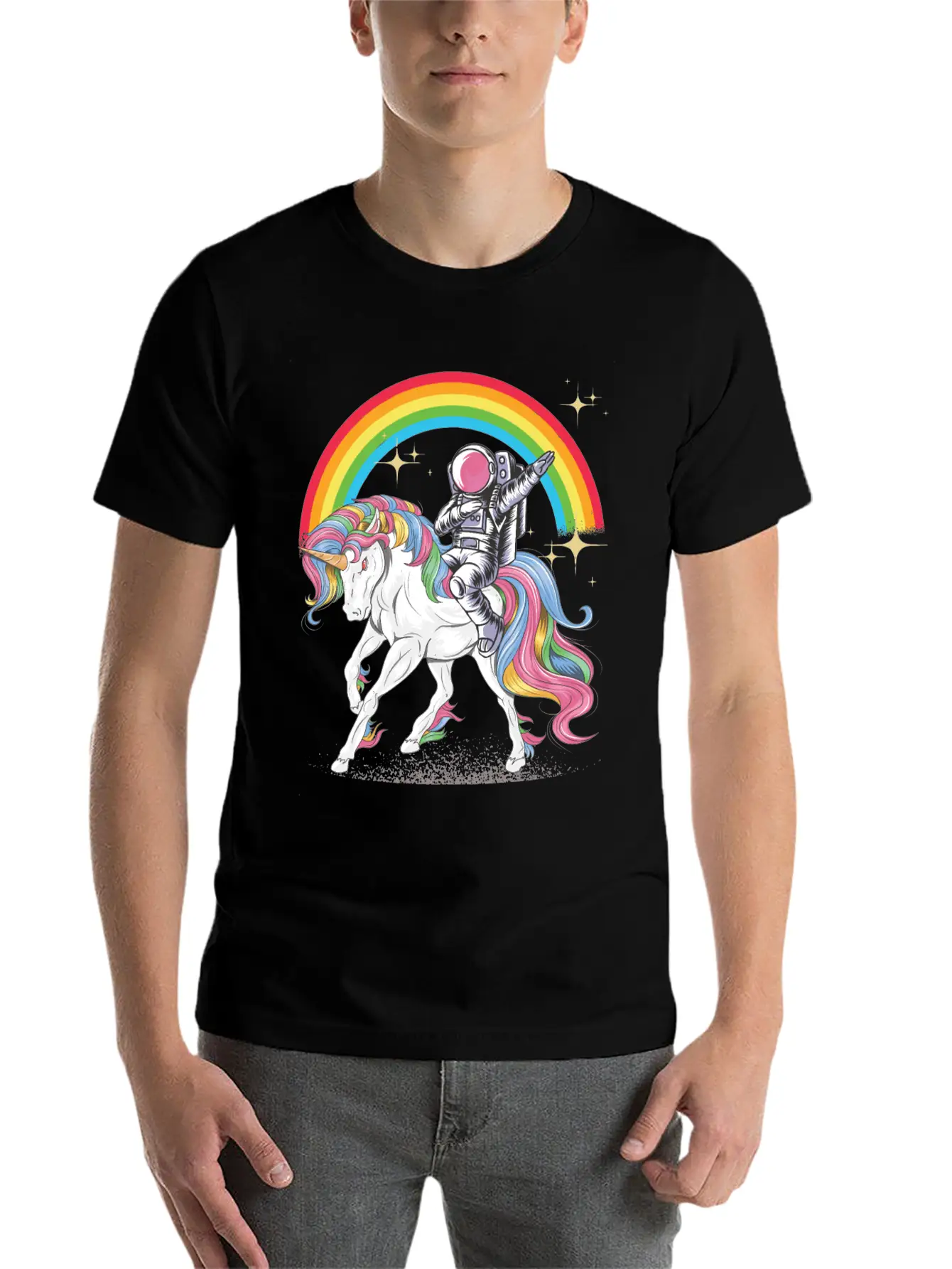 Dabbing Astronaut Riding Unicorn Rainbow Essential Unisex Summer Tee – Soft Cotton Casual Fit