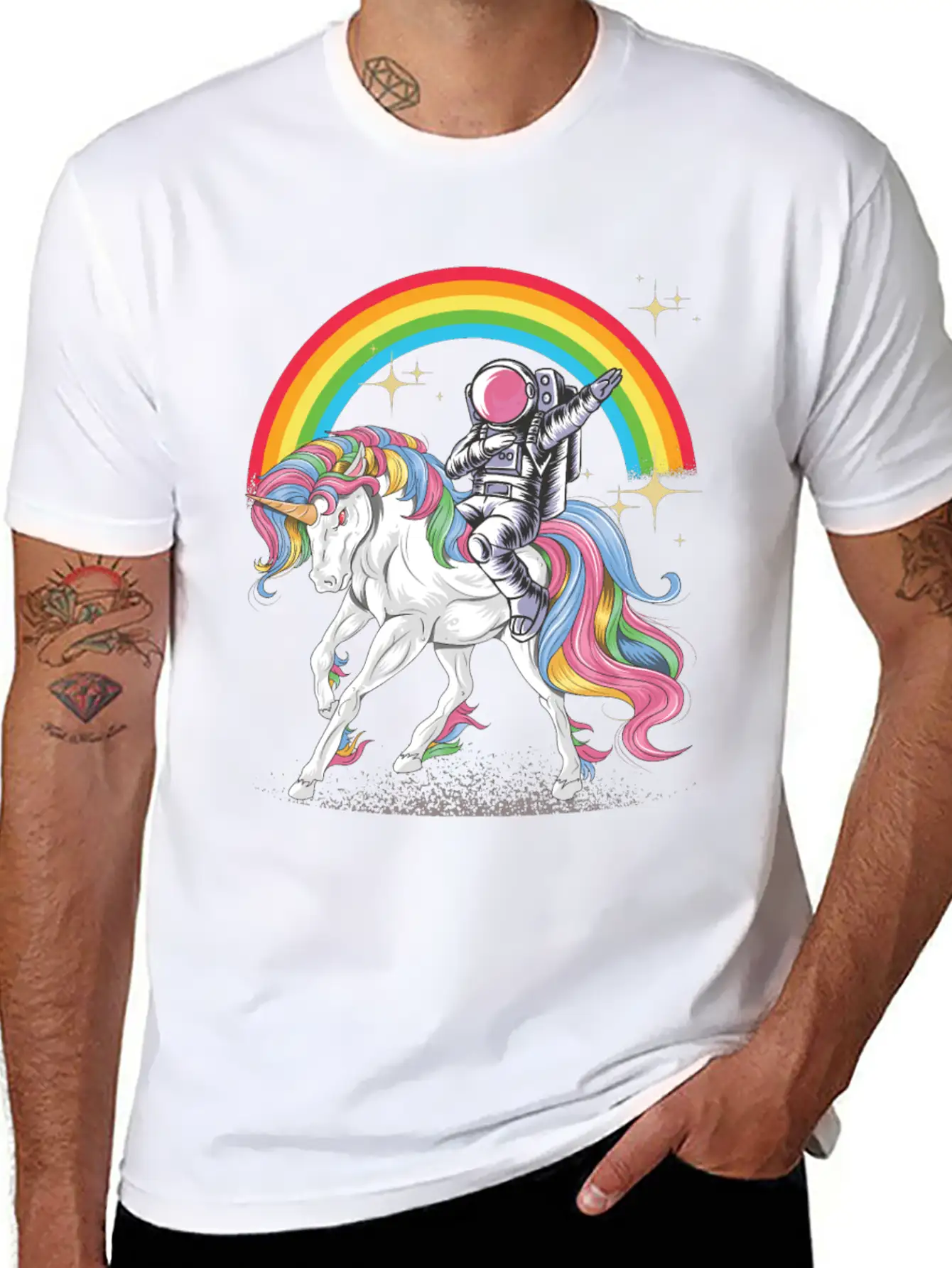Dabbing Astronaut Riding Unicorn Rainbow Essential Unisex Summer Tee – Soft Cotton Casual Fit