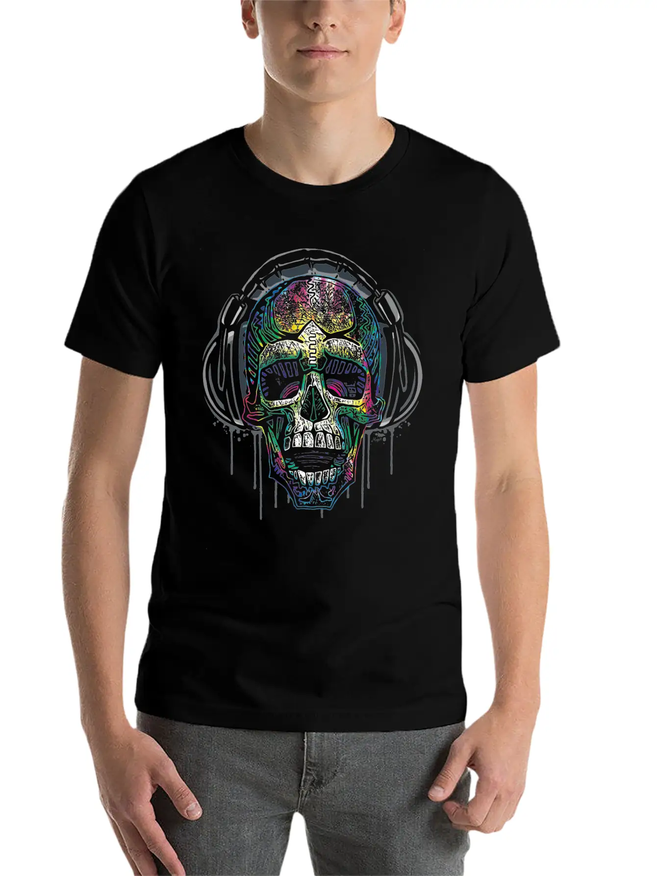 Dripping Skull Chilling With Music Headphones Simple Everyday Graphic Tee – Lightweight Summer Wear