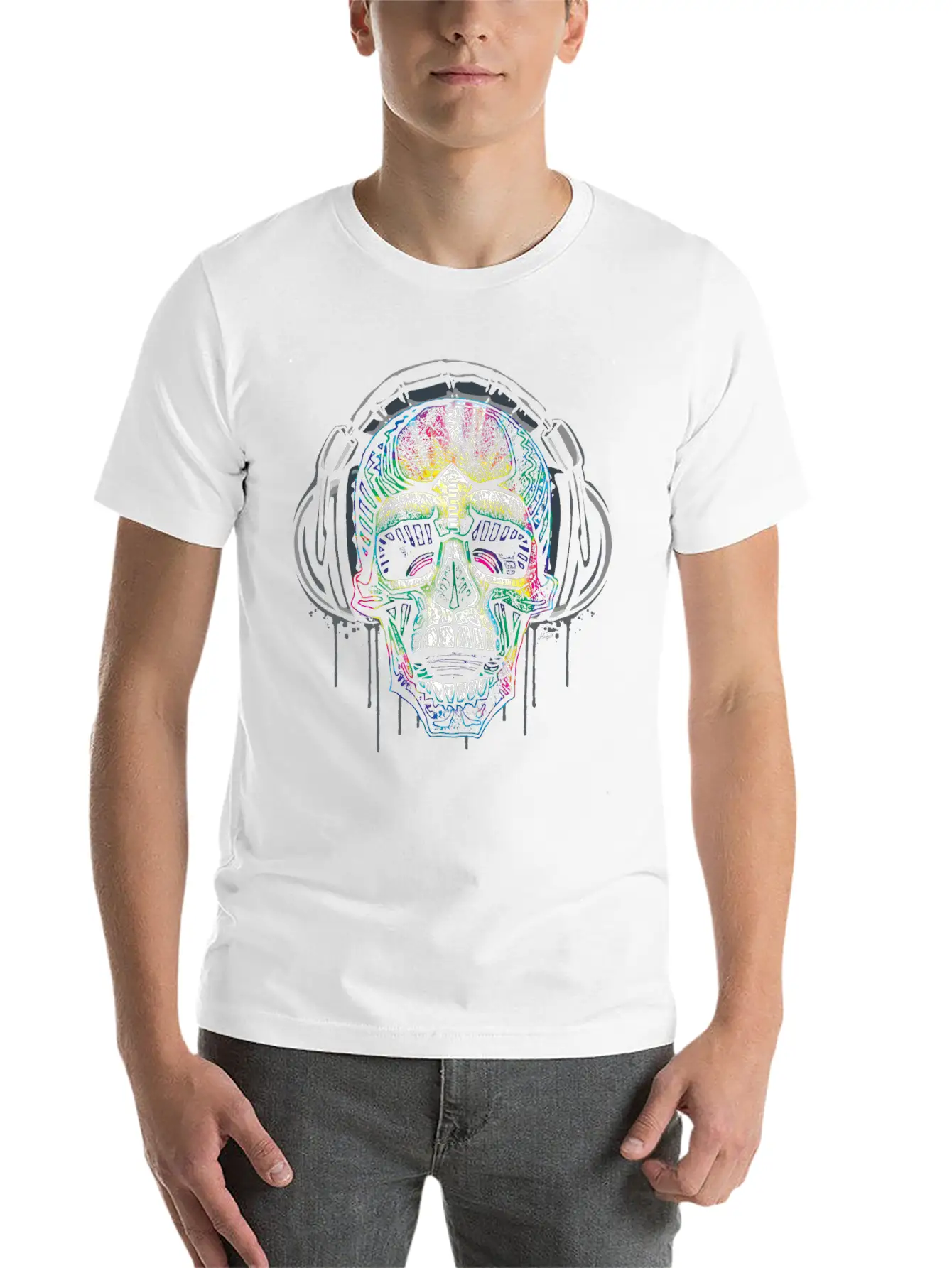 Dripping Skull Chilling With Music Headphones Simple Everyday Graphic Tee – Lightweight Summer Wear