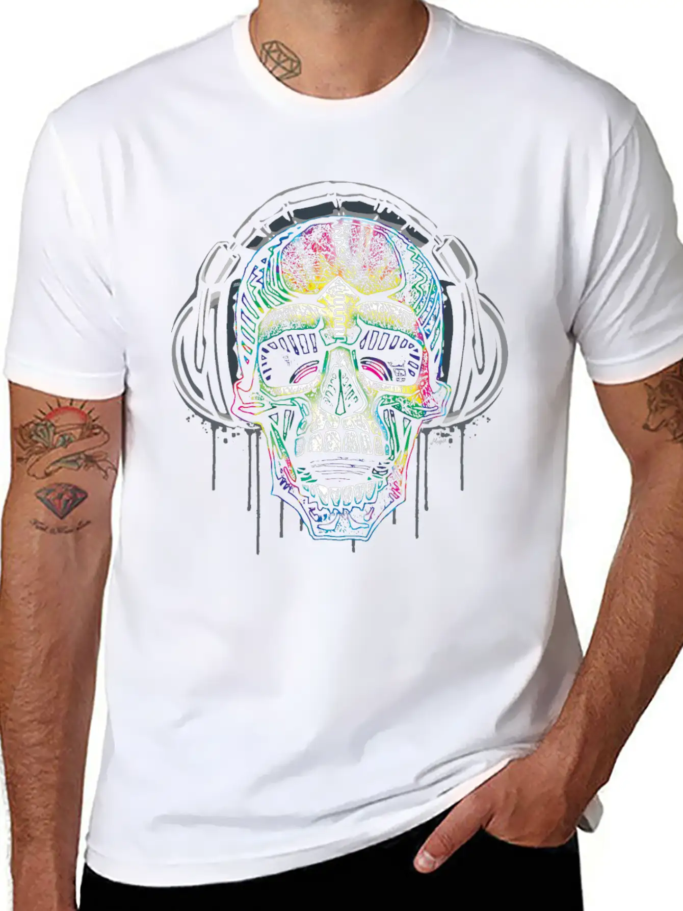 Dripping Skull Chilling With Music Headphones Simple Everyday Graphic Tee – Lightweight Summer Wear