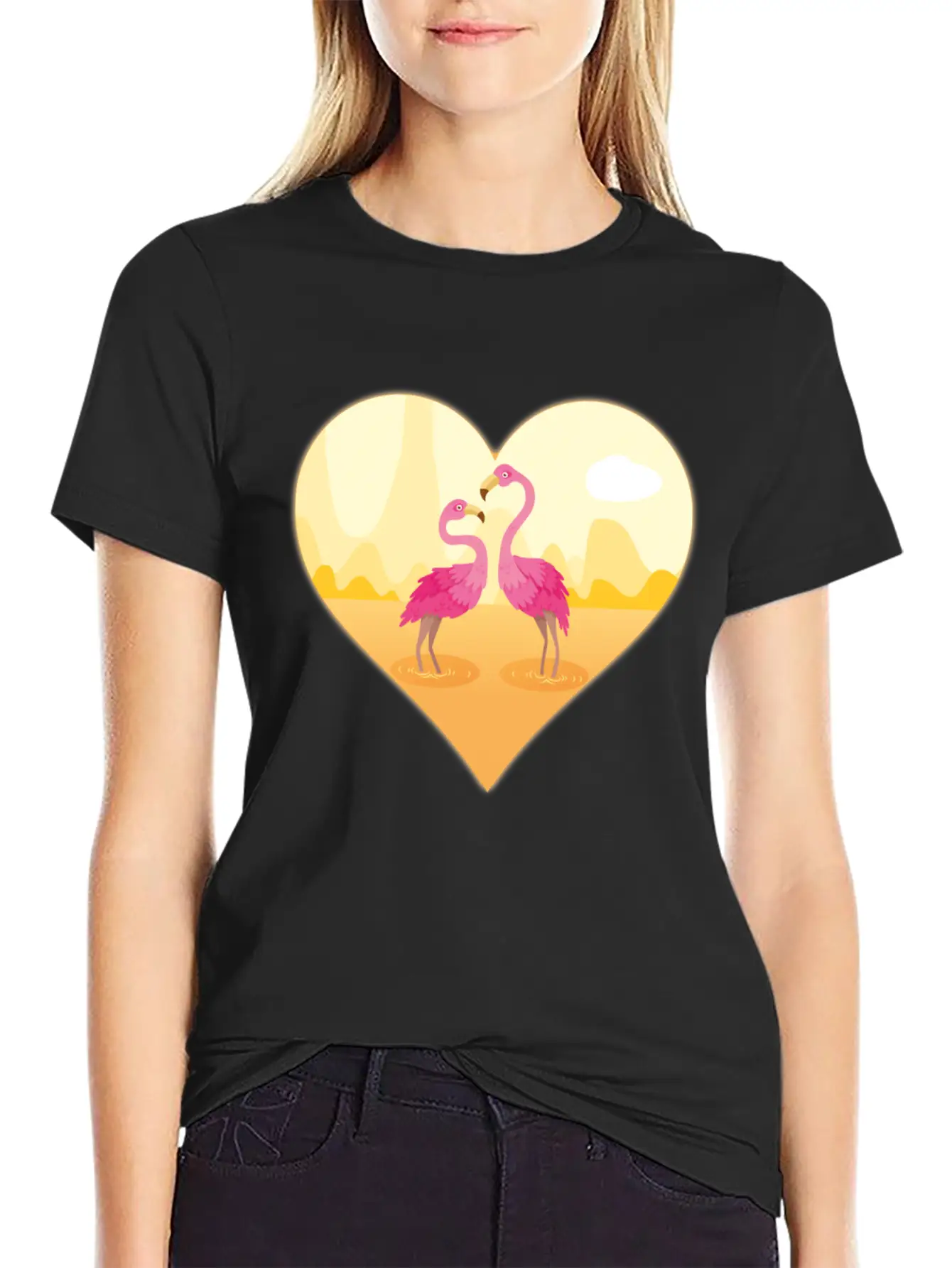 Flamingos Bird Heart Flamingo Cute Flamingo Gift Essential Unisex Summer Tee – Soft Cotton Casual Fit