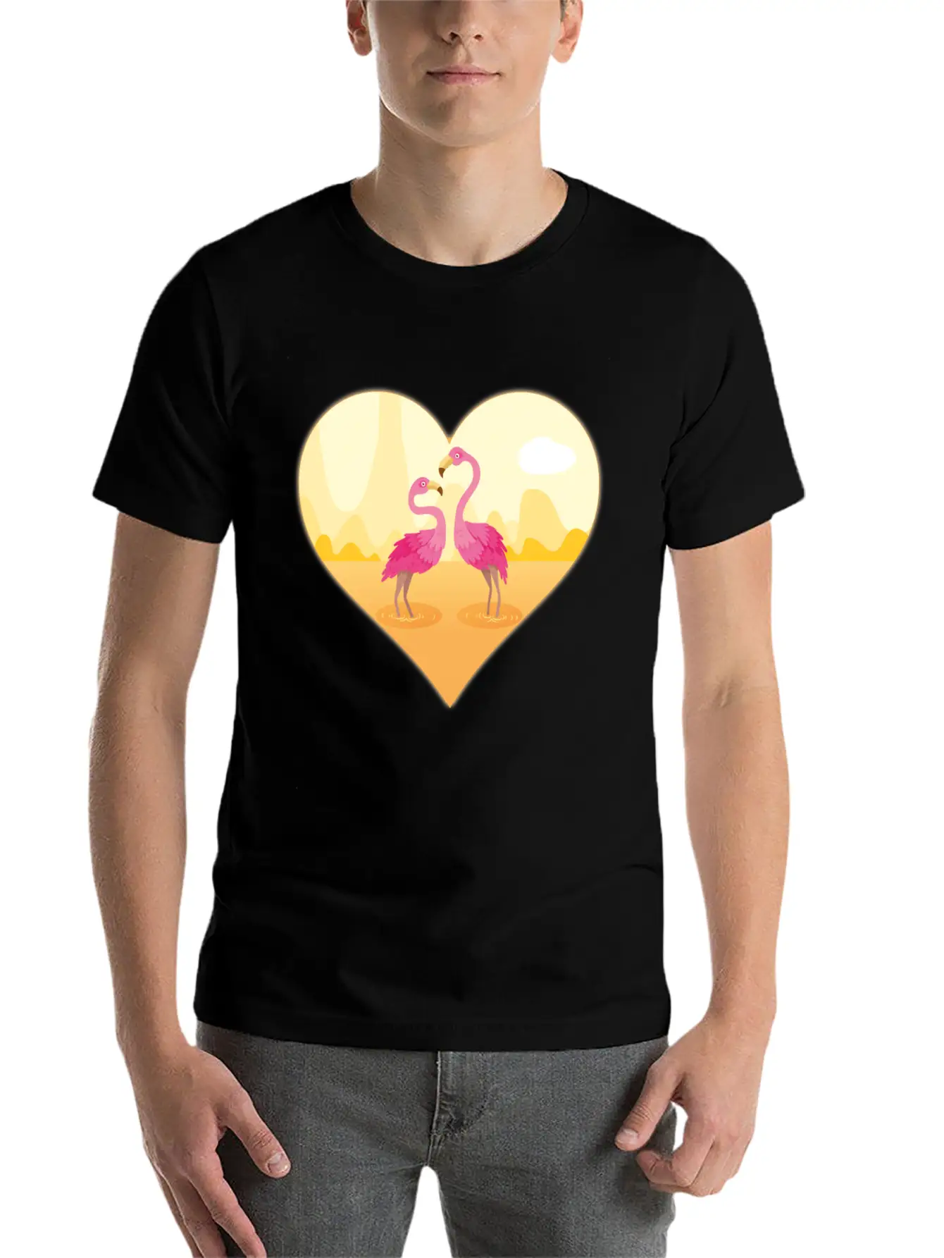 Flamingos Bird Heart Flamingo Cute Flamingo Gift Essential Unisex Summer Tee – Soft Cotton Casual Fit