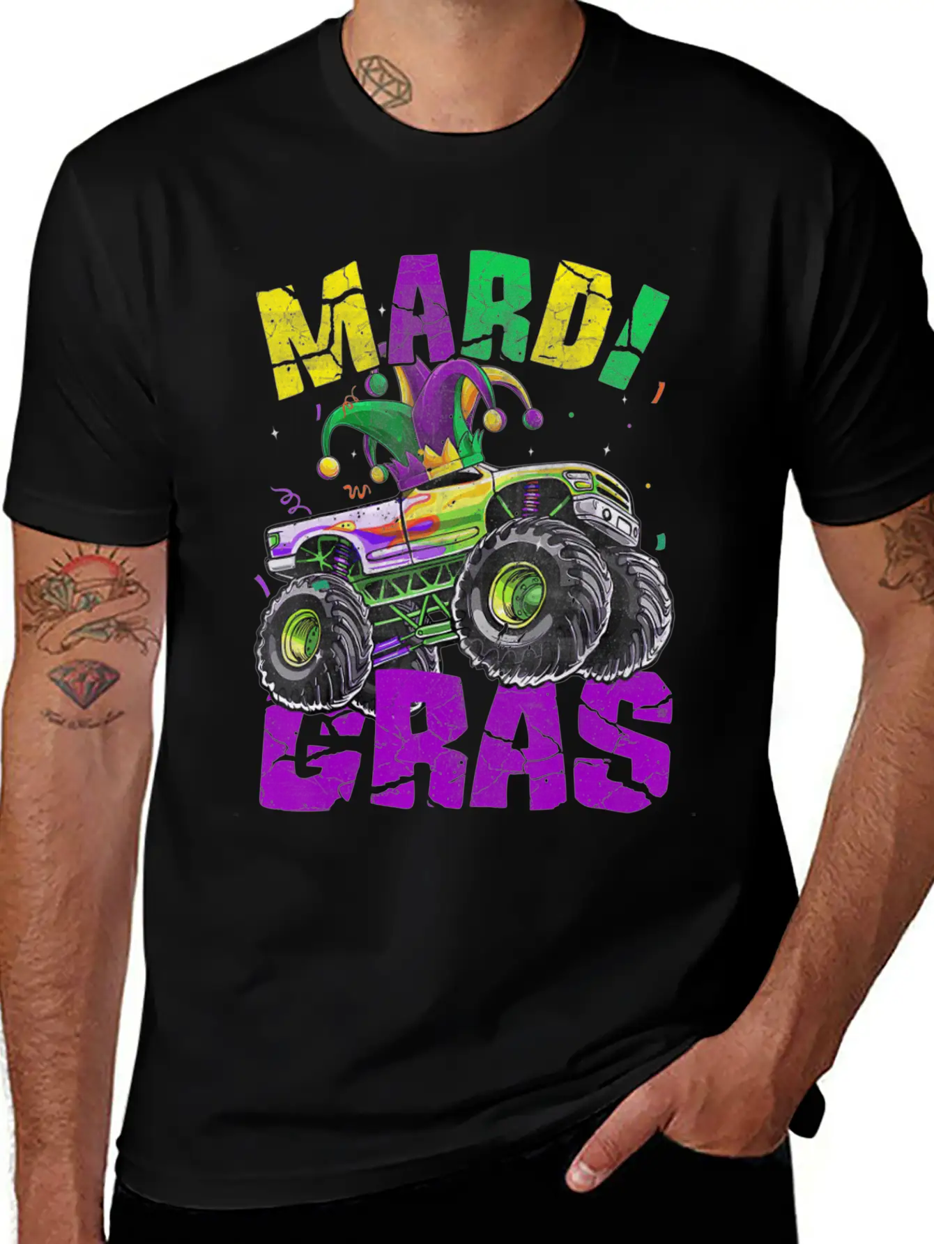 Funny Monster Truck Mardi Gras Carnival Jester Hat Casual Graphic T-Shirt – Simple And Comfortable Daily Wear
