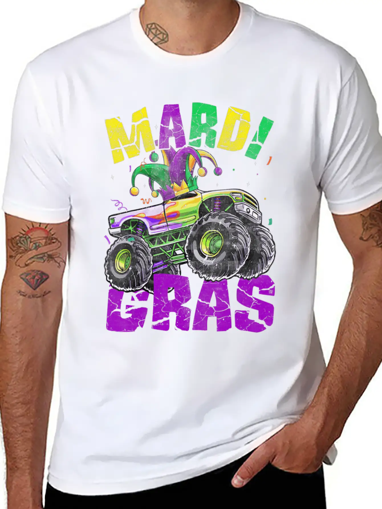 Funny Monster Truck Mardi Gras Carnival Jester Hat Casual Graphic T-Shirt – Simple And Comfortable Daily Wear