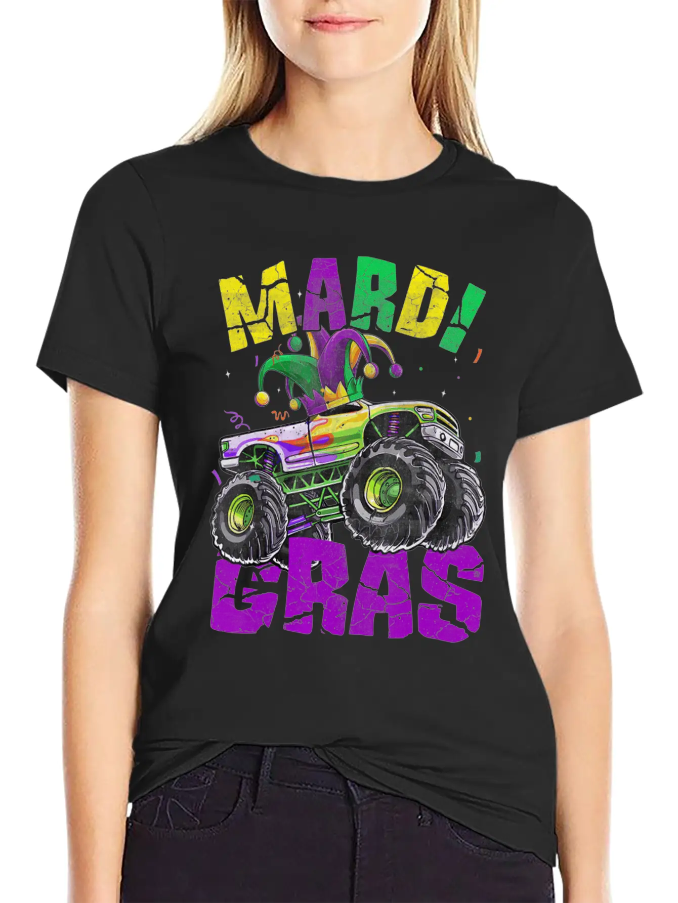 Funny Monster Truck Mardi Gras Carnival Jester Hat Casual Graphic T-Shirt – Simple And Comfortable Daily Wear
