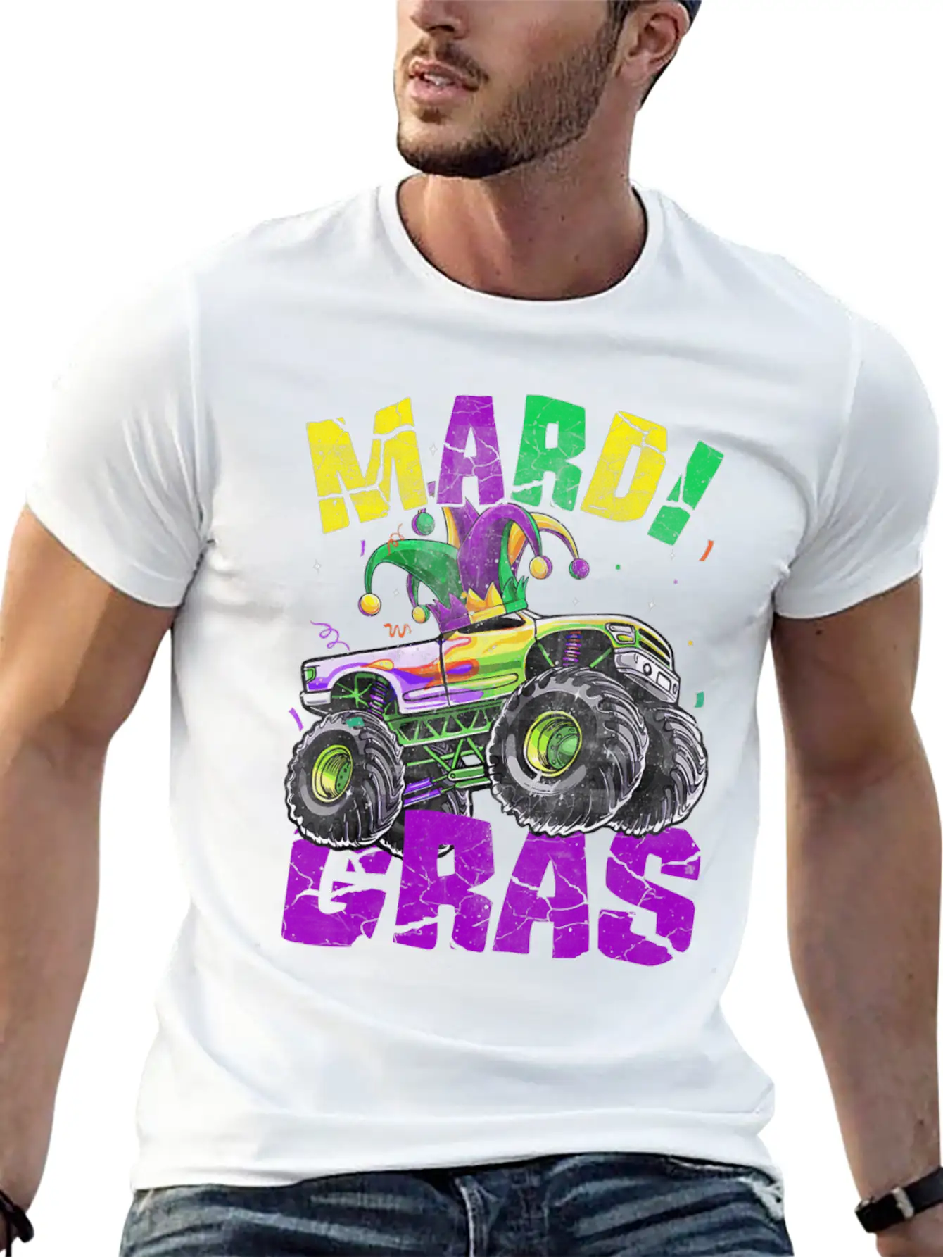 Funny Monster Truck Mardi Gras Carnival Jester Hat Casual Graphic T-Shirt – Simple And Comfortable Daily Wear