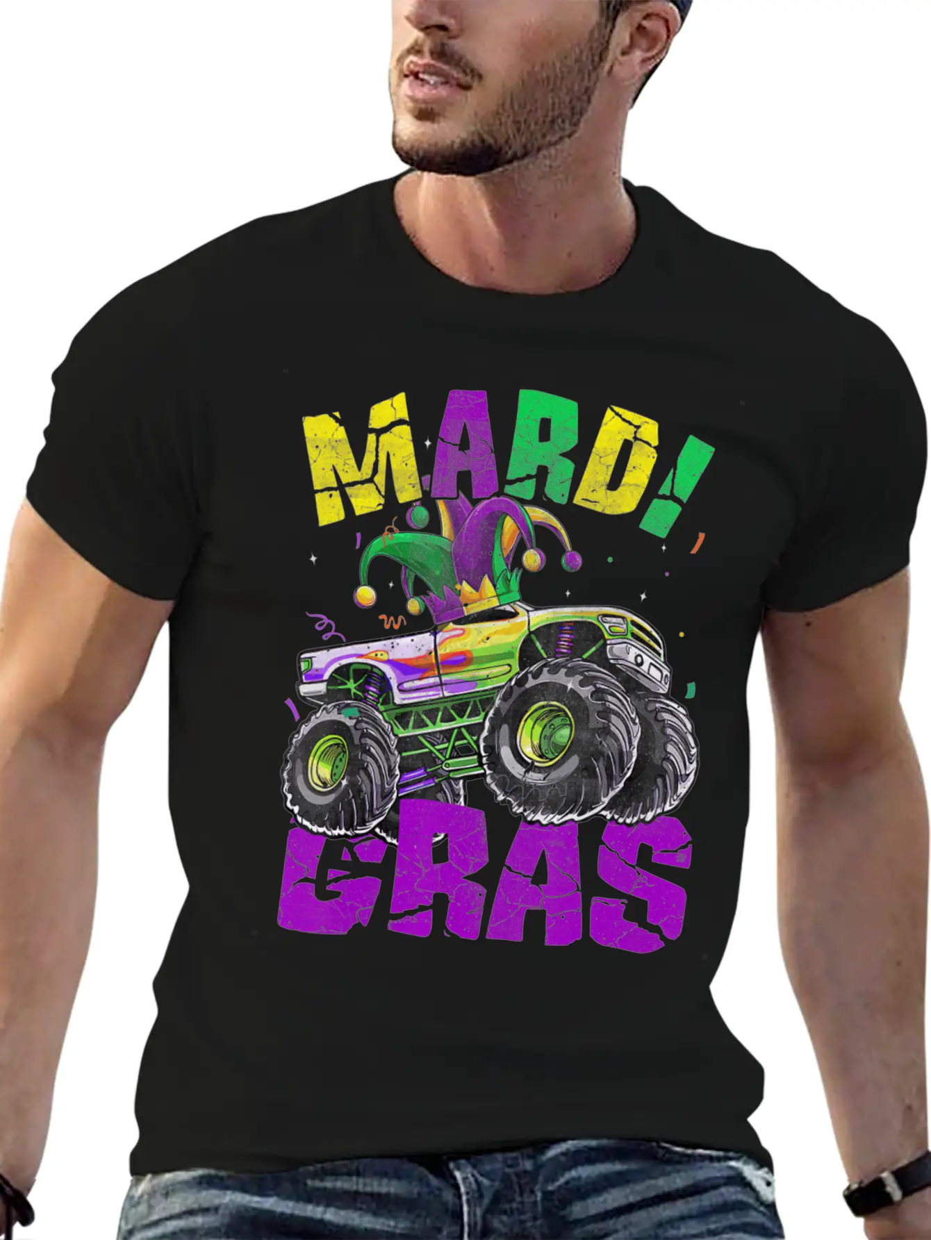 Funny Monster Truck Mardi Gras Carnival Jester Hat Casual Graphic T-Shirt – Simple And Comfortable Daily Wear