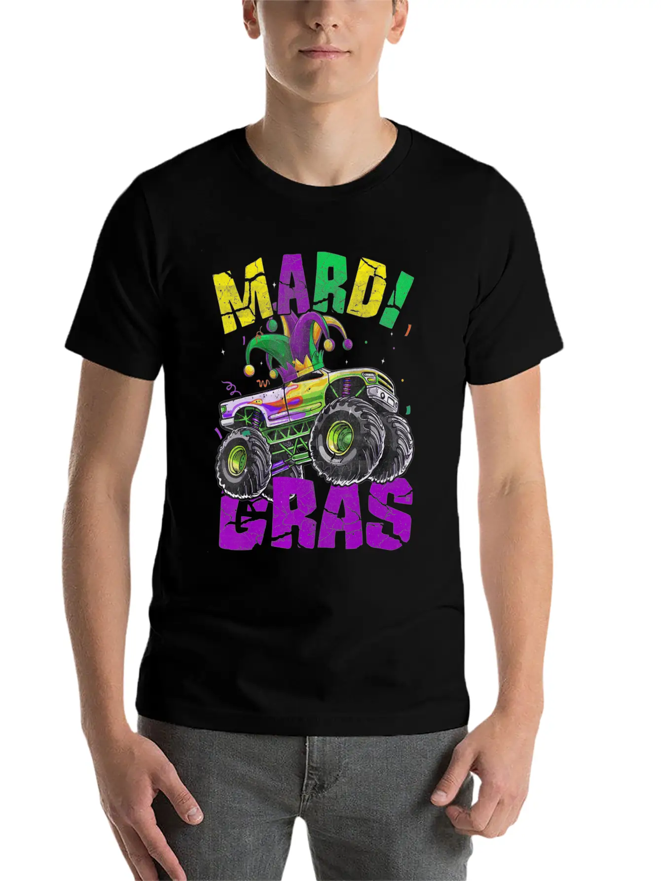 Funny Monster Truck Mardi Gras Carnival Jester Hat Casual Graphic T-Shirt – Simple And Comfortable Daily Wear
