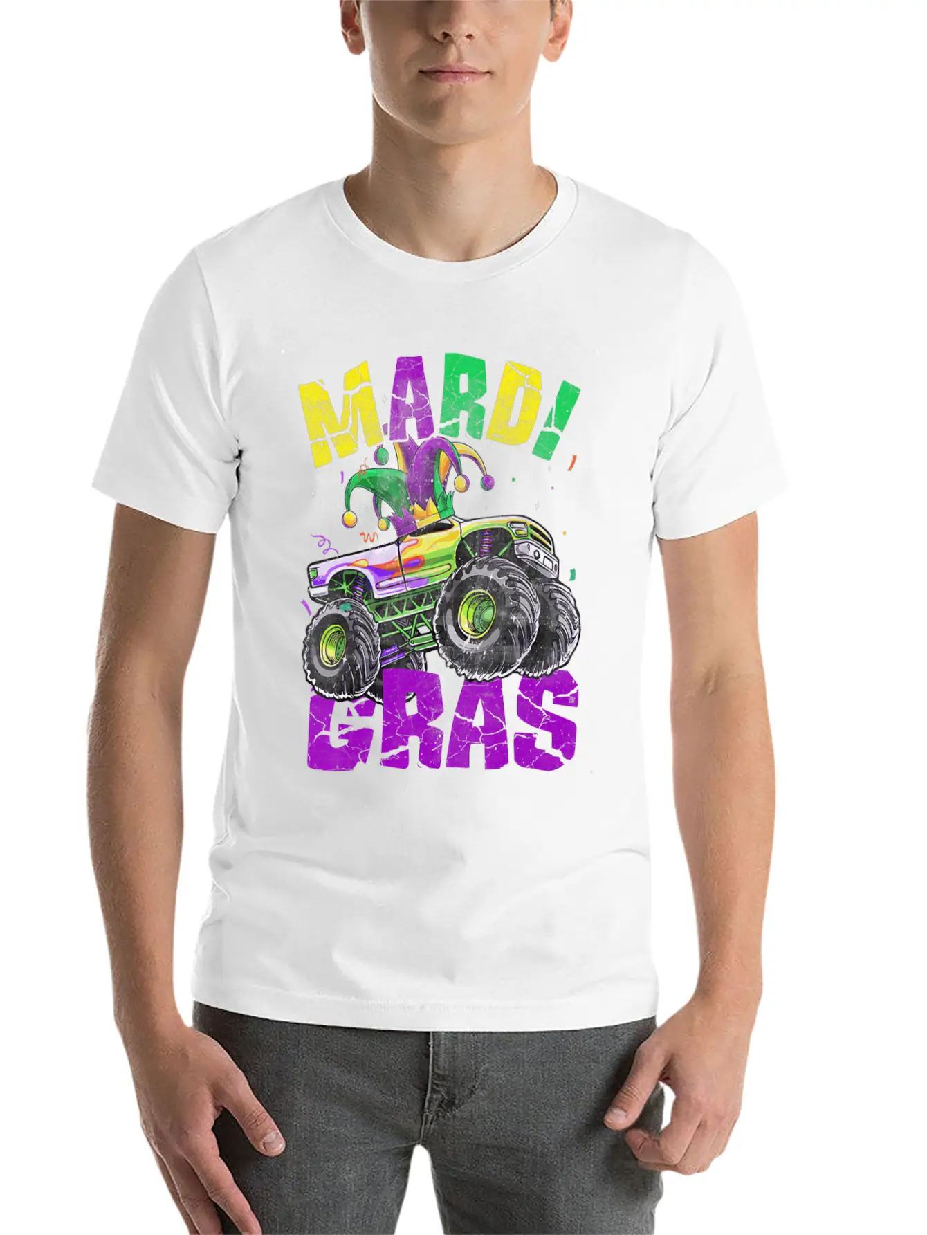 Funny Monster Truck Mardi Gras Carnival Jester Hat Casual Graphic T-Shirt – Simple And Comfortable Daily Wear