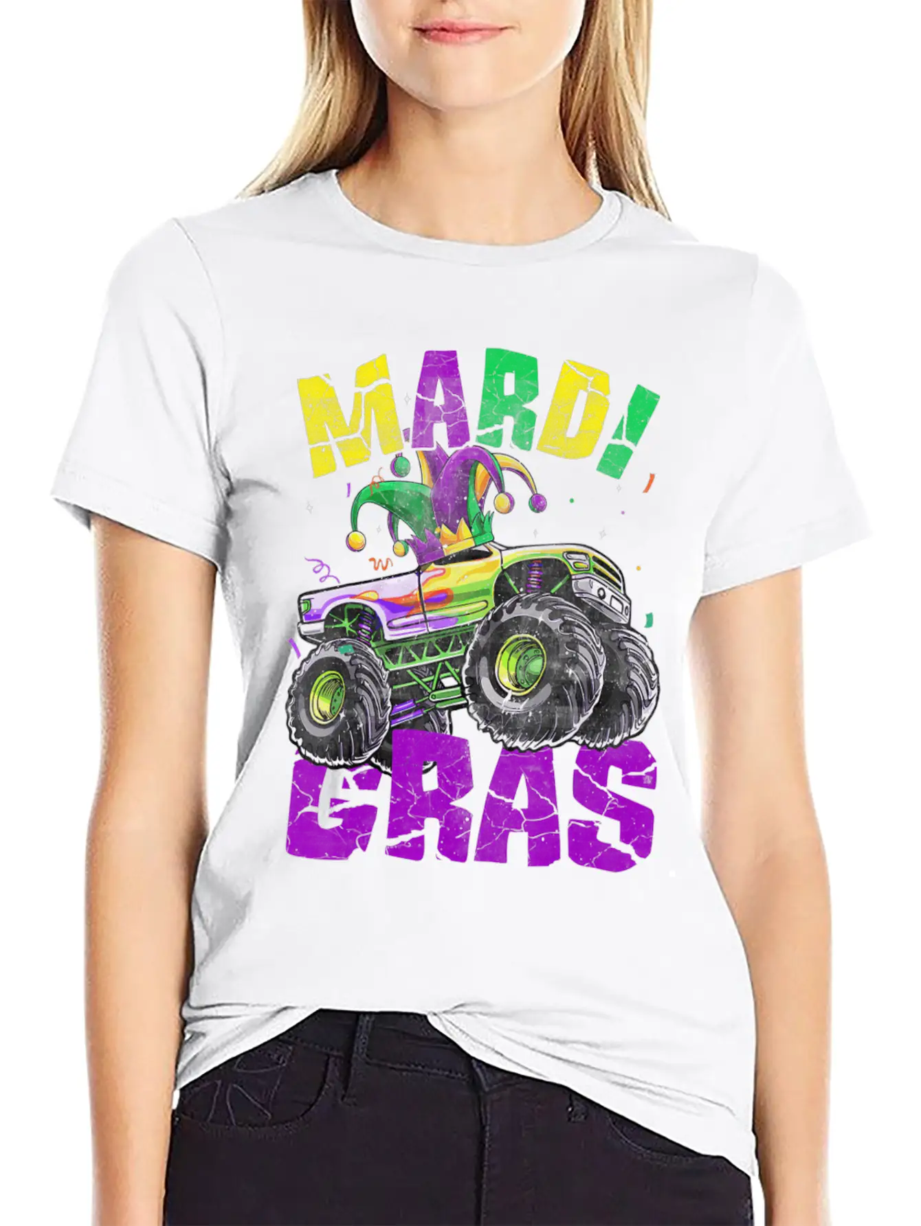 Funny Monster Truck Mardi Gras Carnival Jester Hat Casual Graphic T-Shirt – Simple And Comfortable Daily Wear