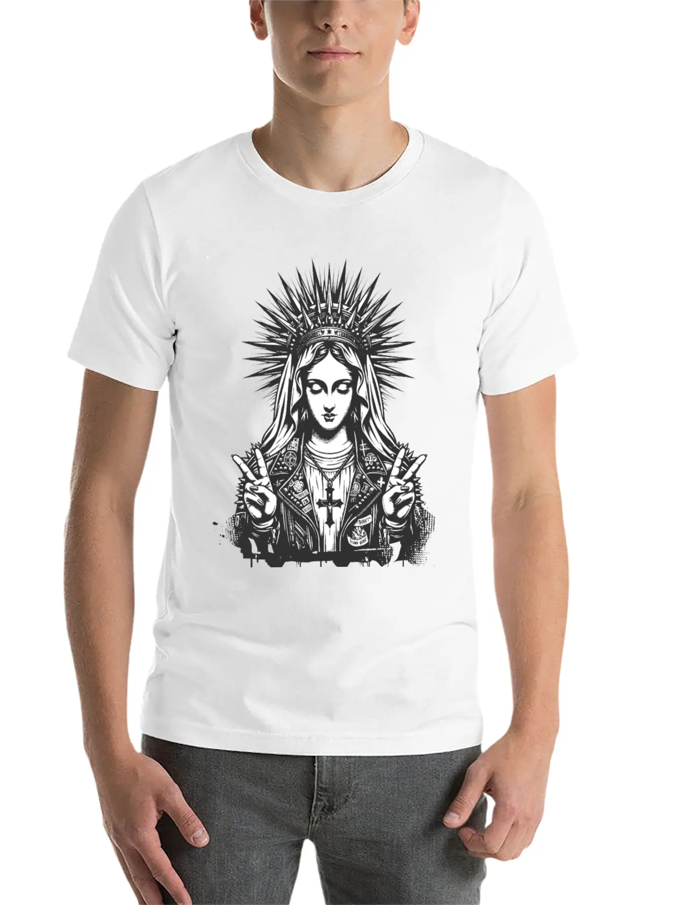 Mother Of God Mary As A Punk With A Leather Outfit Casual Graphic T-Shirt – Simple And Comfortable Daily Wear