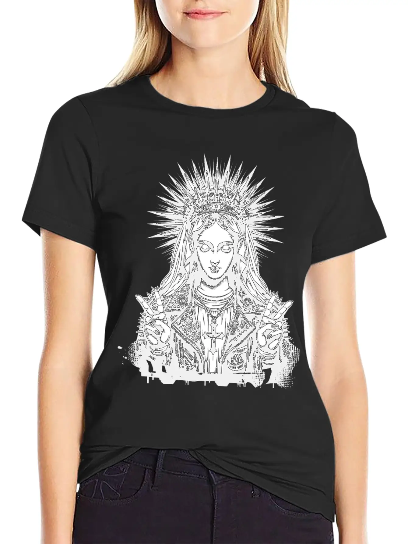 Mother Of God Mary As A Punk With A Leather Outfit Casual Graphic T-Shirt – Simple And Comfortable Daily Wear