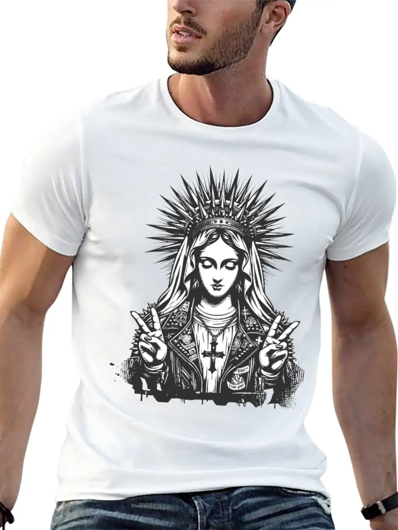 Mother Of God Mary As A Punk With A Leather Outfit Casual Graphic T-Shirt – Simple And Comfortable Daily Wear