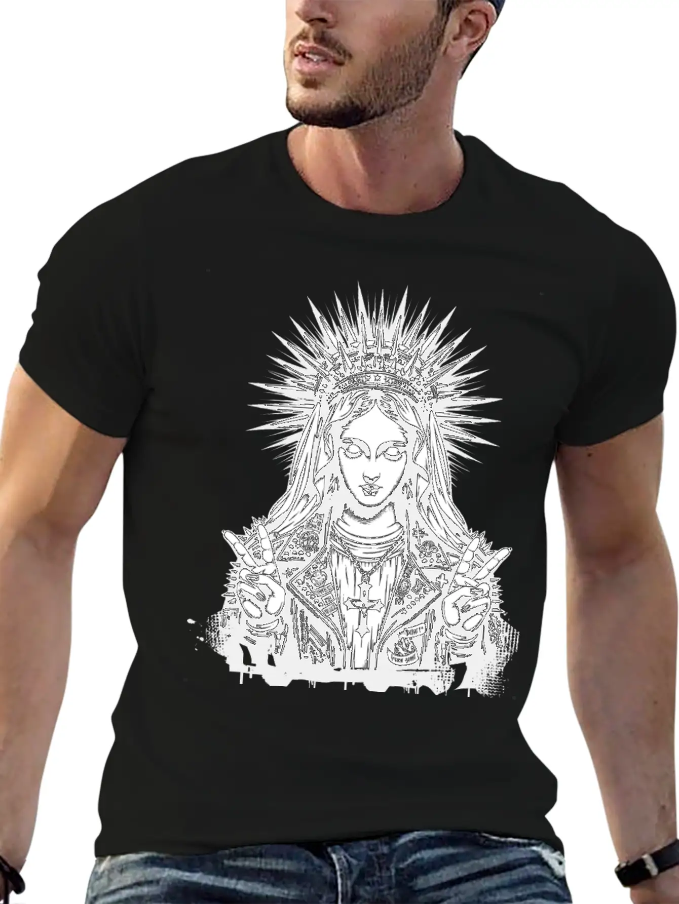 Mother Of God Mary As A Punk With A Leather Outfit Casual Graphic T-Shirt – Simple And Comfortable Daily Wear