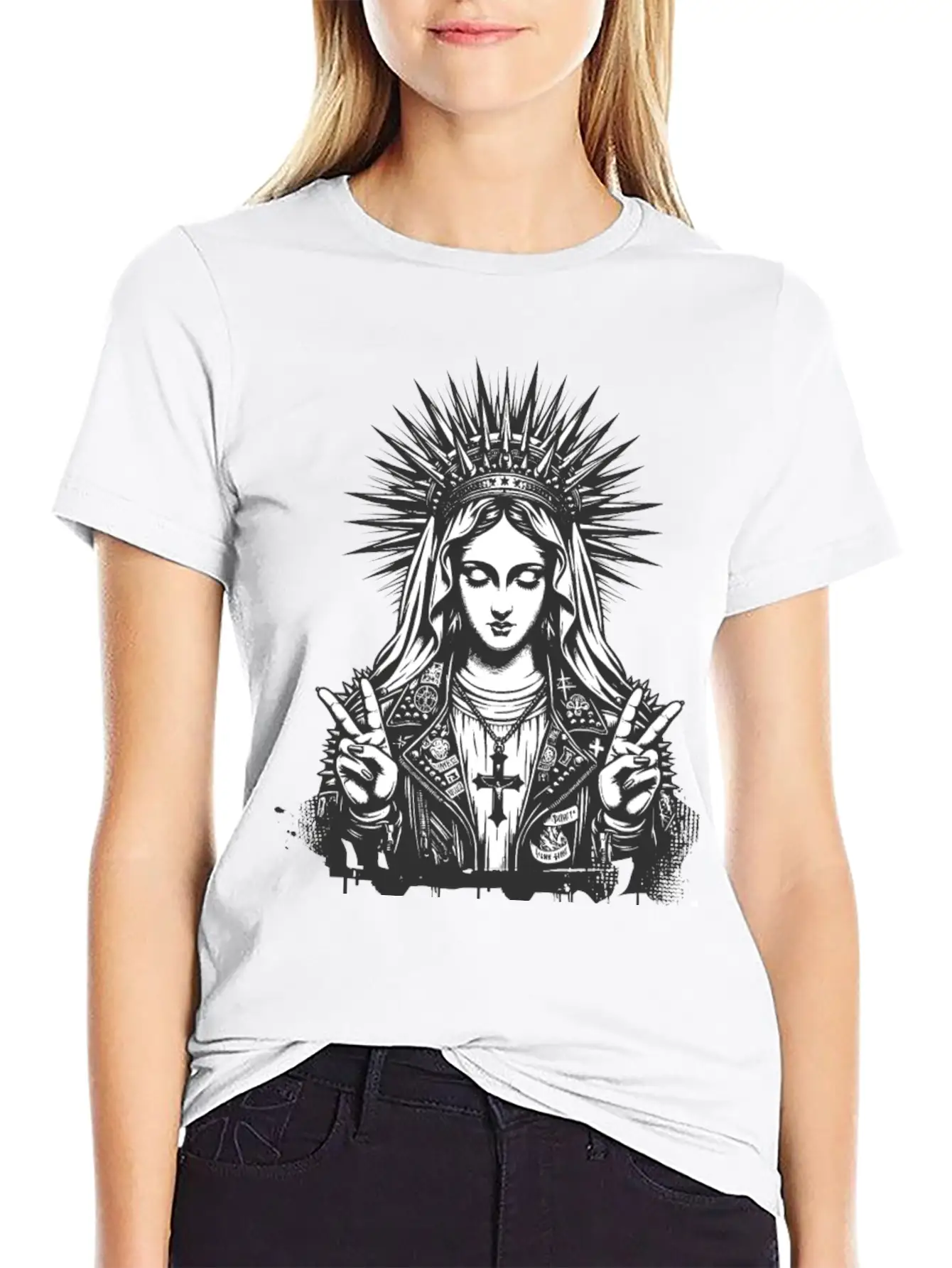Mother Of God Mary As A Punk With A Leather Outfit Casual Graphic T-Shirt – Simple And Comfortable Daily Wear