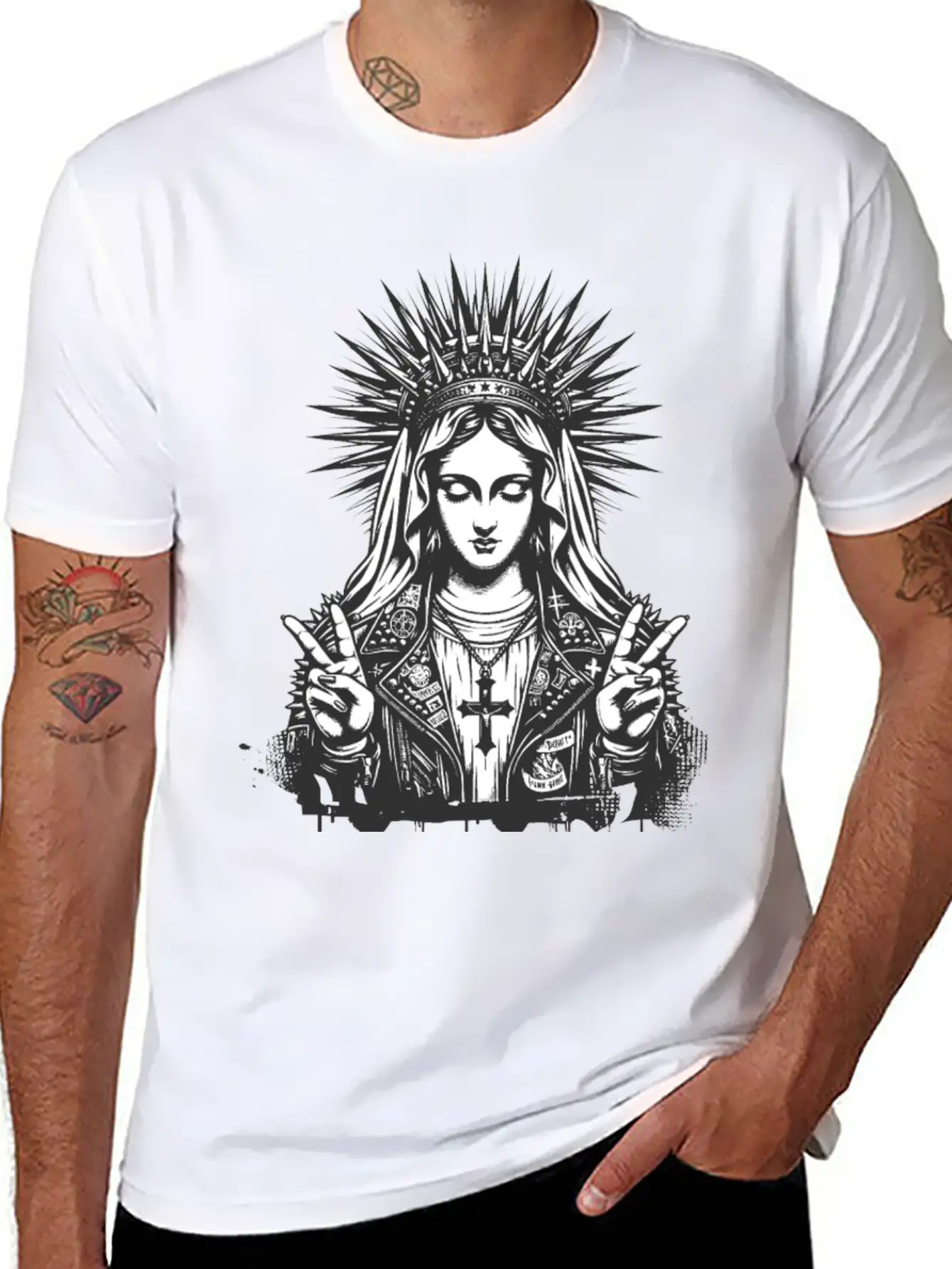 Mother Of God Mary As A Punk With A Leather Outfit Casual Graphic T-Shirt – Simple And Comfortable Daily Wear