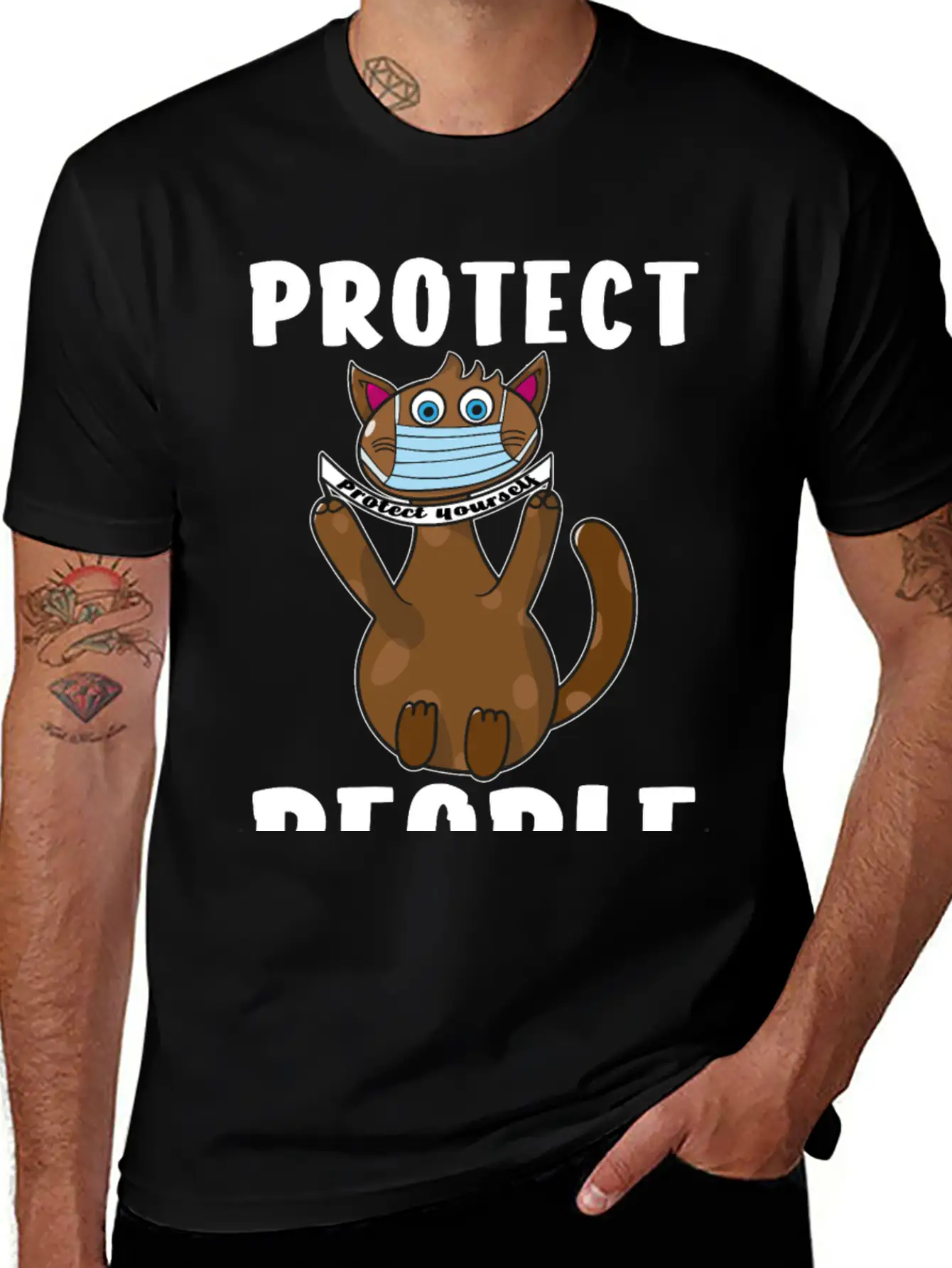 Protect Yourself, Face Mask Cat Unisex Short Sleeve Soft Cotton T-Shirt – Casual Everyday Wear