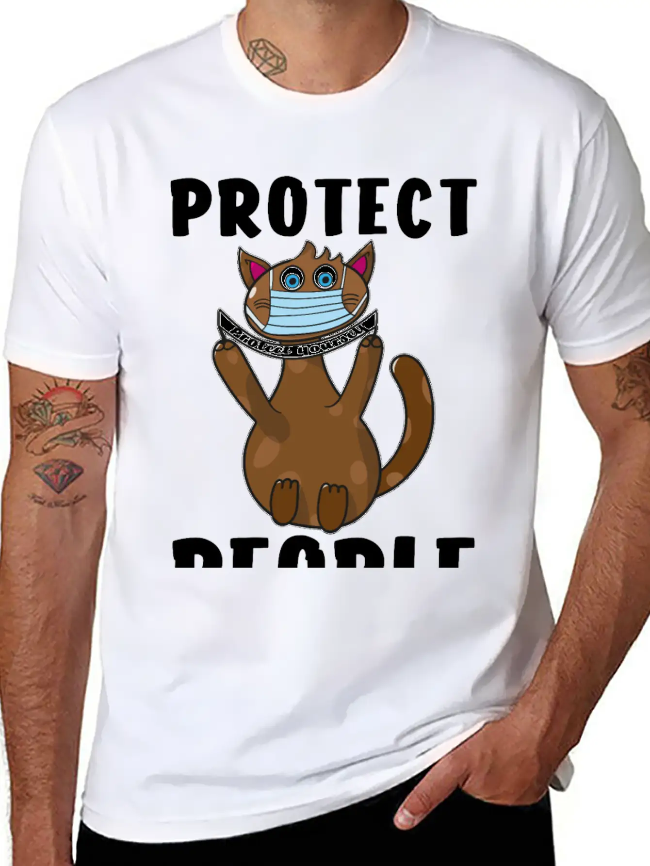 Protect Yourself, Face Mask Cat Unisex Short Sleeve Soft Cotton T-Shirt – Casual Everyday Wear