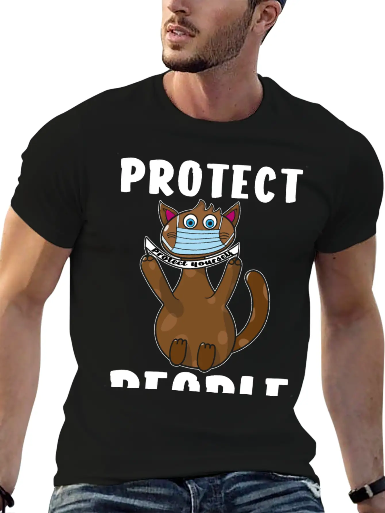 Protect Yourself, Face Mask Cat Unisex Short Sleeve Soft Cotton T-Shirt – Casual Everyday Wear