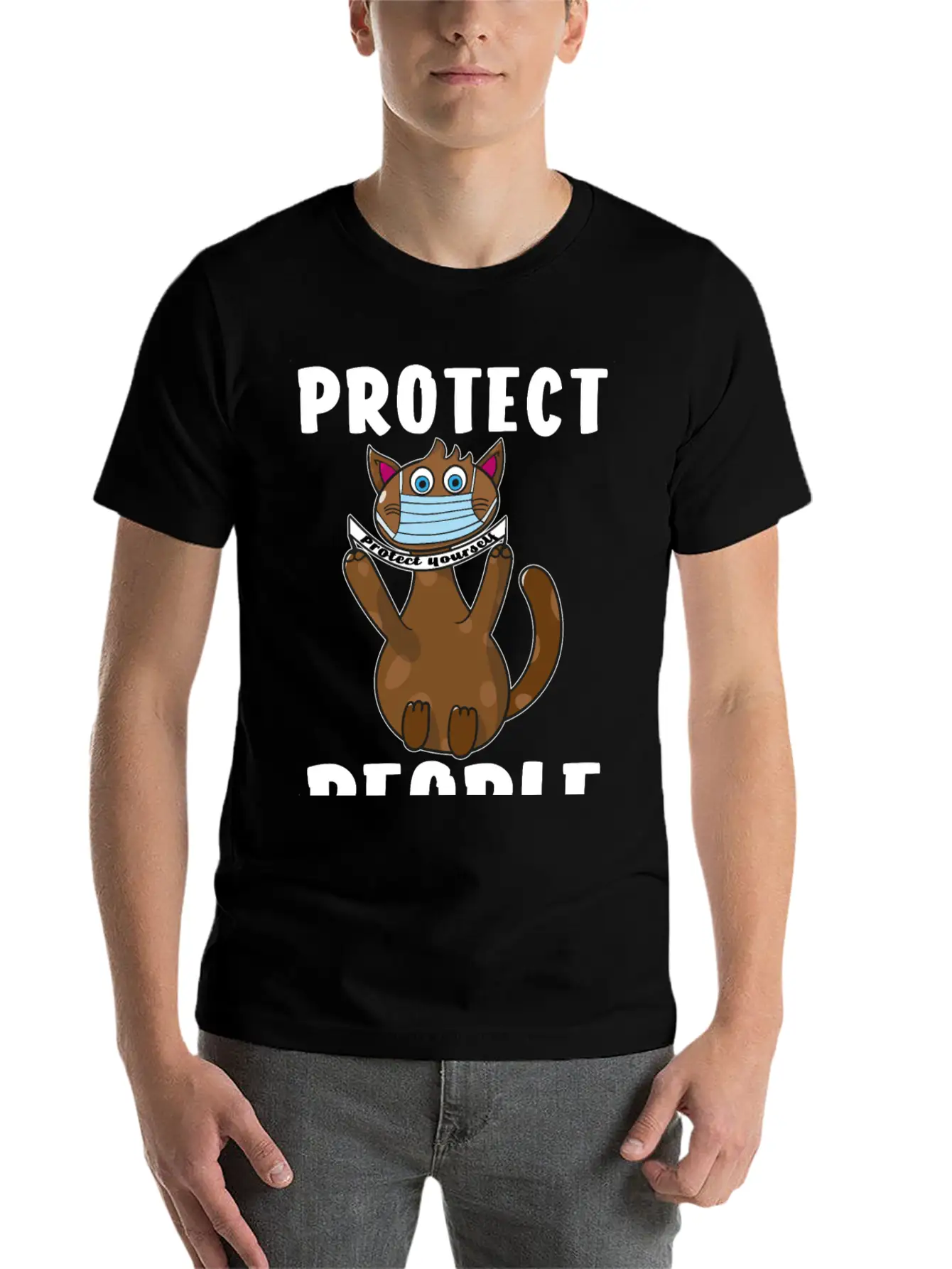 Protect Yourself, Face Mask Cat Unisex Short Sleeve Soft Cotton T-Shirt – Casual Everyday Wear