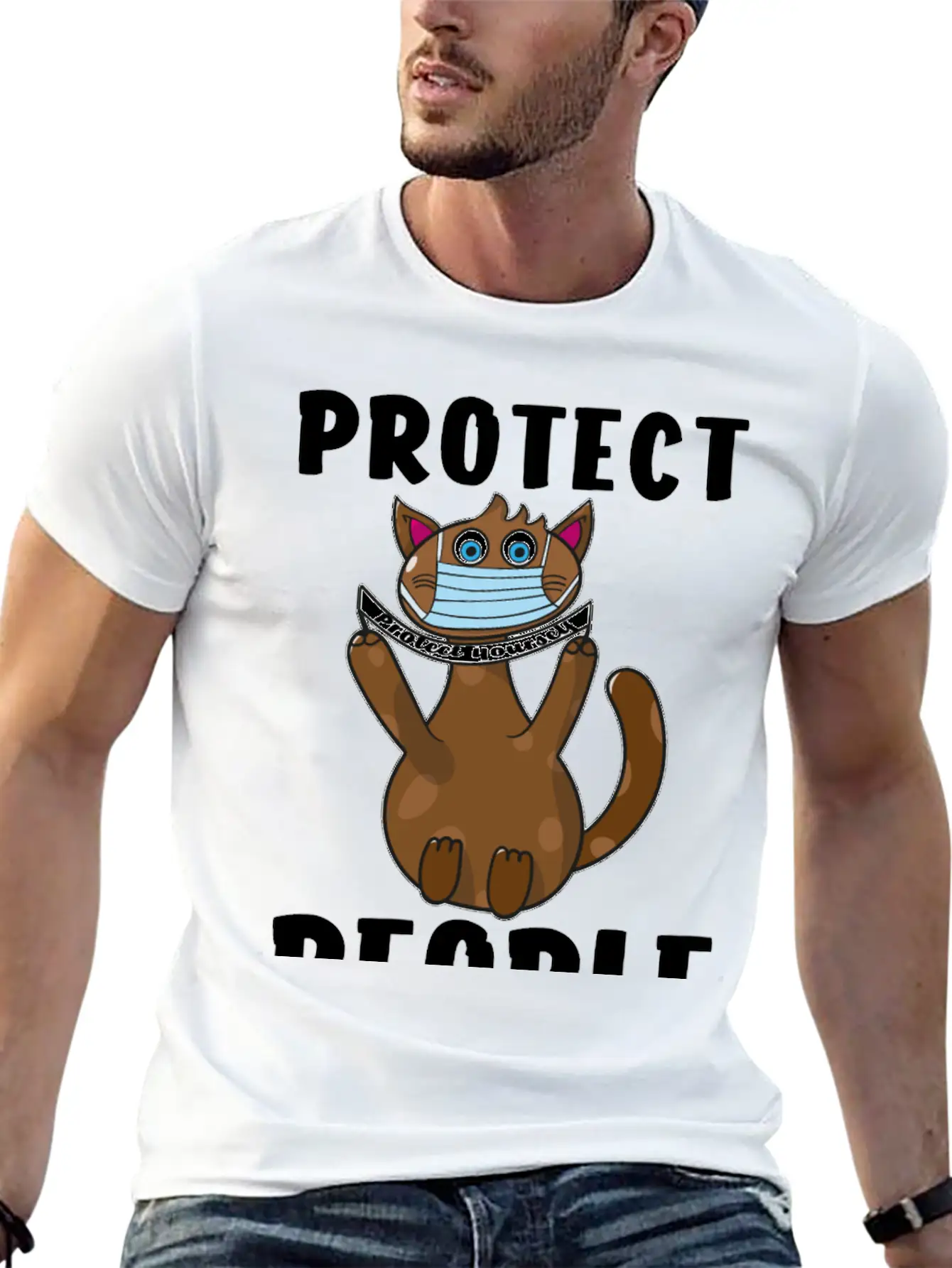Protect Yourself, Face Mask Cat Unisex Short Sleeve Soft Cotton T-Shirt – Casual Everyday Wear