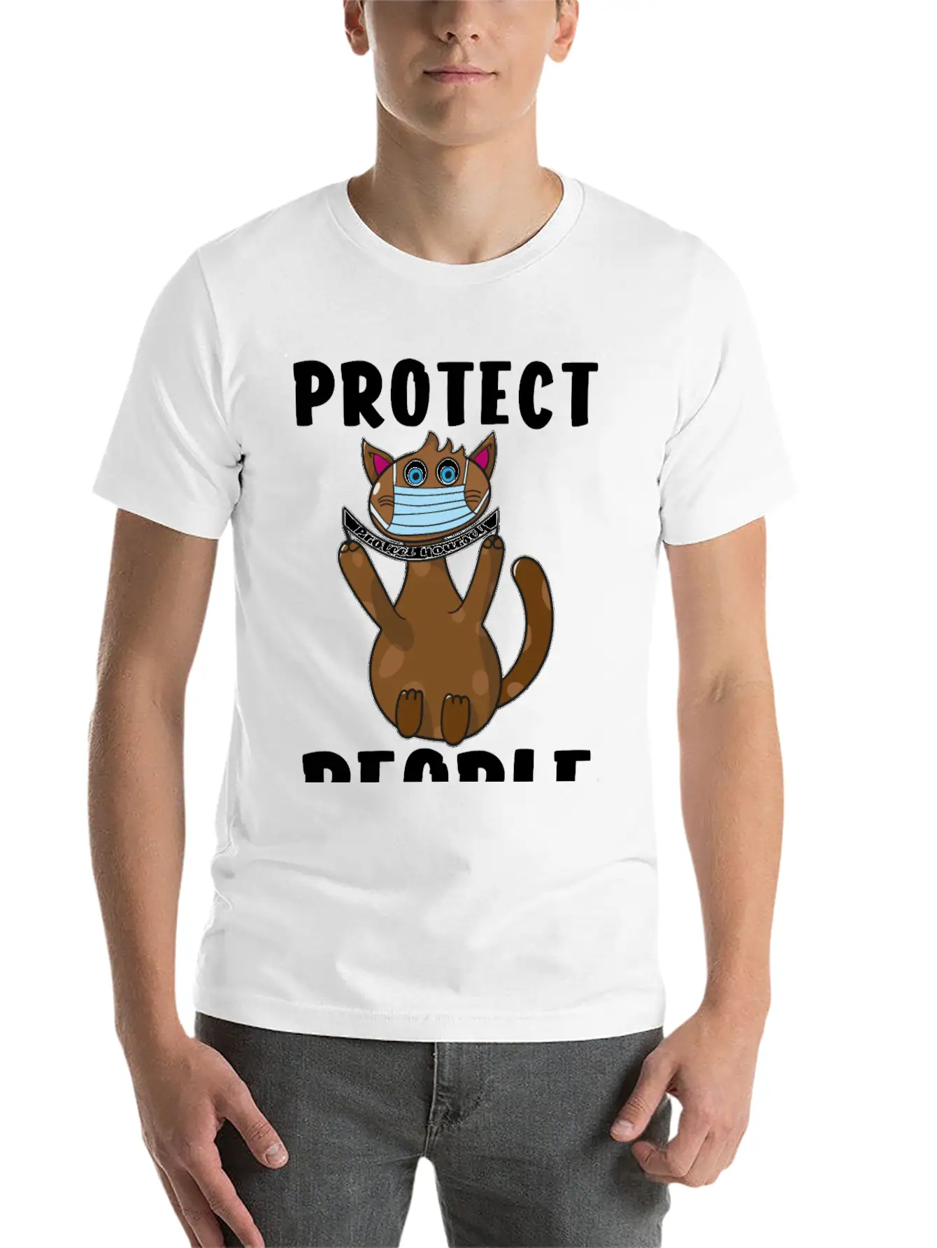 Protect Yourself, Face Mask Cat Unisex Short Sleeve Soft Cotton T-Shirt – Casual Everyday Wear