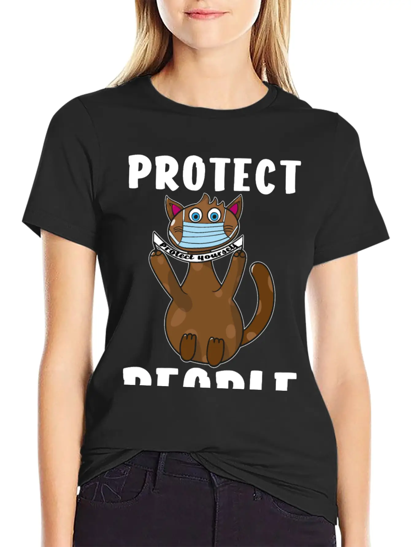 Protect Yourself, Face Mask Cat Unisex Short Sleeve Soft Cotton T-Shirt – Casual Everyday Wear