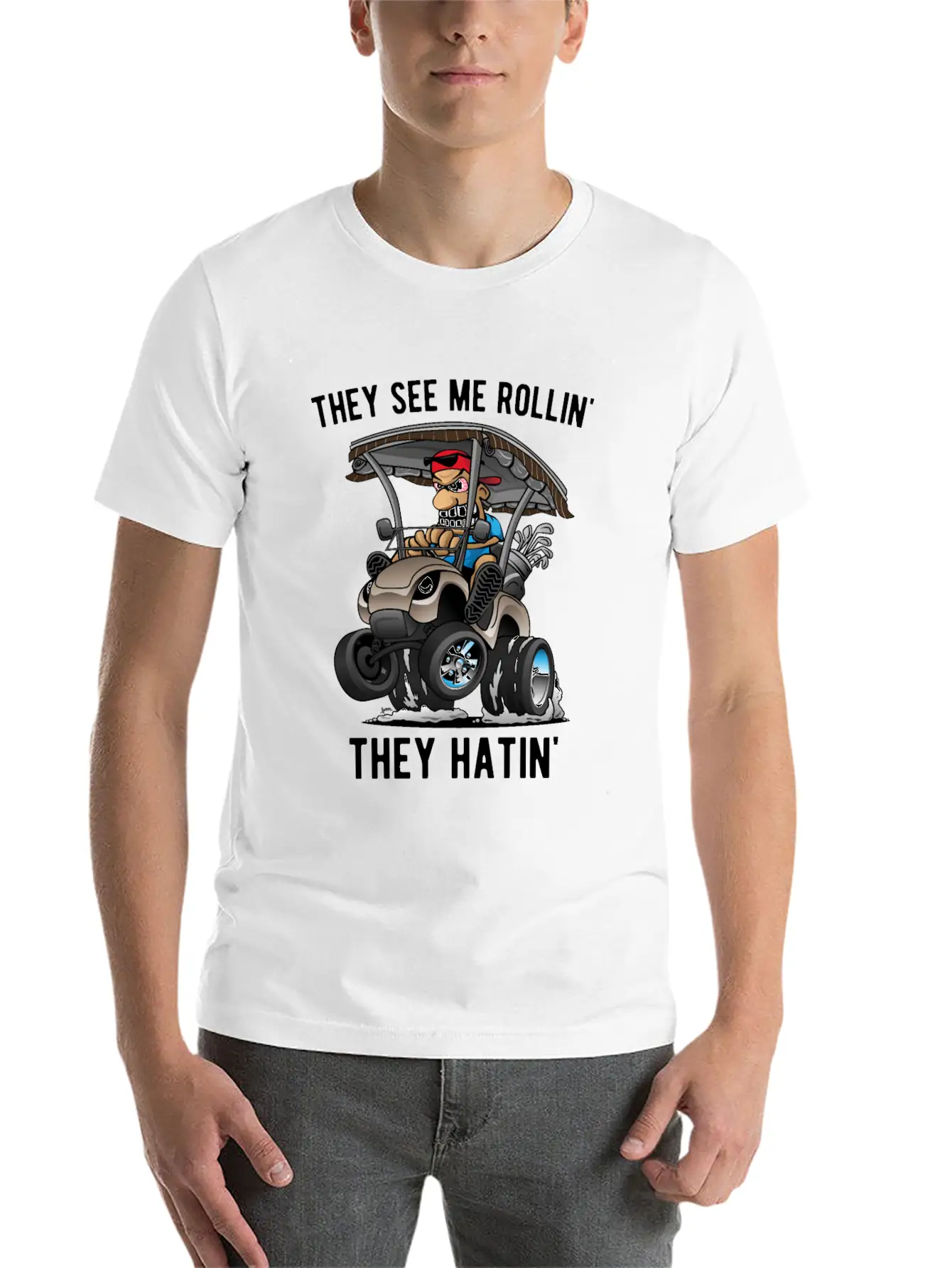 They See Me Rollin' They Hatin' Golf Cart Cartoon Essential Unisex Summer Tee – Soft Cotton Casual Fit