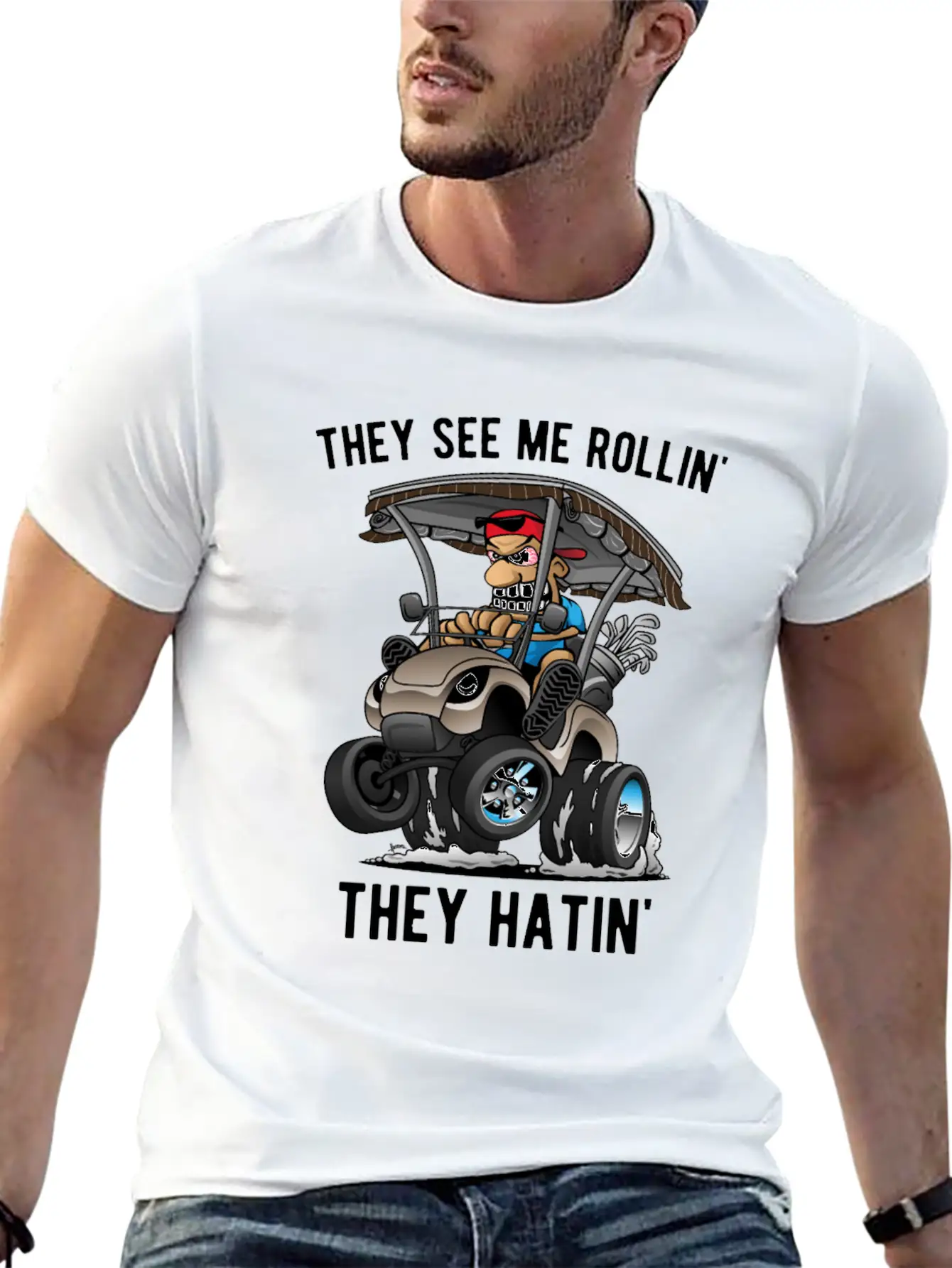 They See Me Rollin' They Hatin' Golf Cart Cartoon Essential Unisex Summer Tee – Soft Cotton Casual Fit