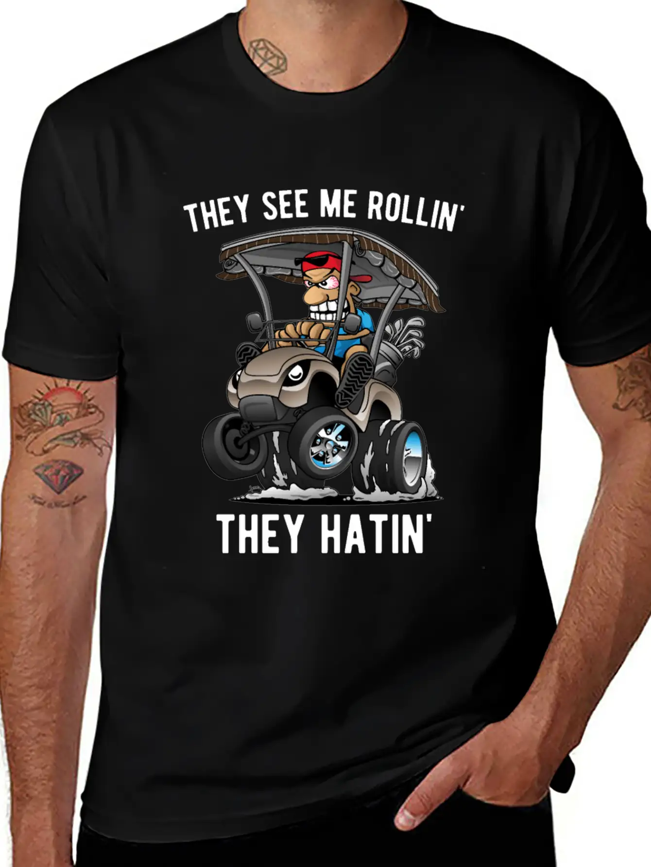 They See Me Rollin' They Hatin' Golf Cart Cartoon Essential Unisex Summer Tee – Soft Cotton Casual Fit