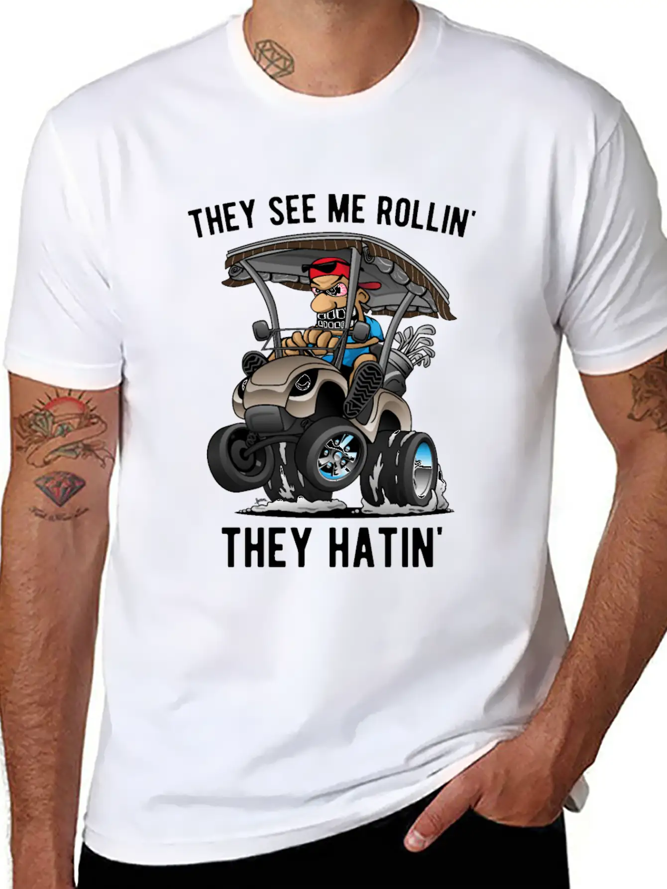 They See Me Rollin' They Hatin' Golf Cart Cartoon Essential Unisex Summer Tee – Soft Cotton Casual Fit