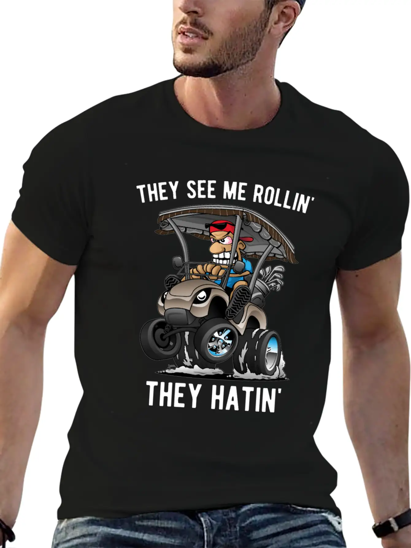 They See Me Rollin' They Hatin' Golf Cart Cartoon Essential Unisex Summer Tee – Soft Cotton Casual Fit