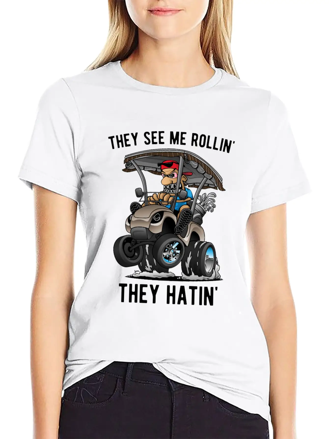 They See Me Rollin' They Hatin' Golf Cart Cartoon Essential Unisex Summer Tee – Soft Cotton Casual Fit